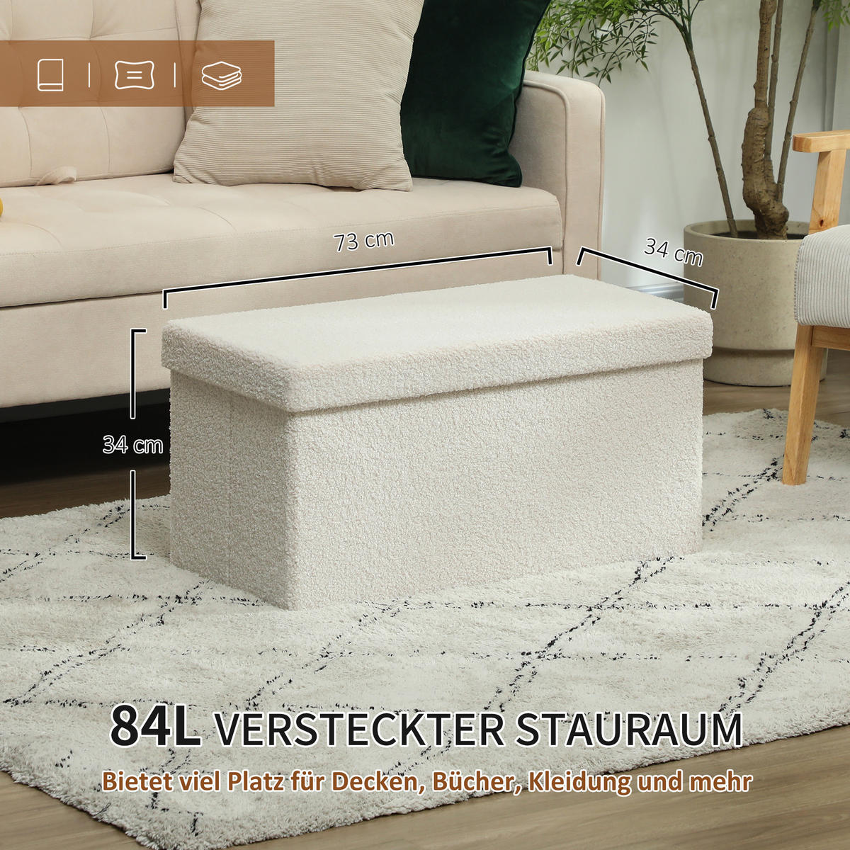 SITZBANK mit Stauraum, faltbar Polsterbank, Bettbank mit Samtoptik, Sitztruhe - Weiß, Kunststoff (38/38/76cm) - HOMCOM