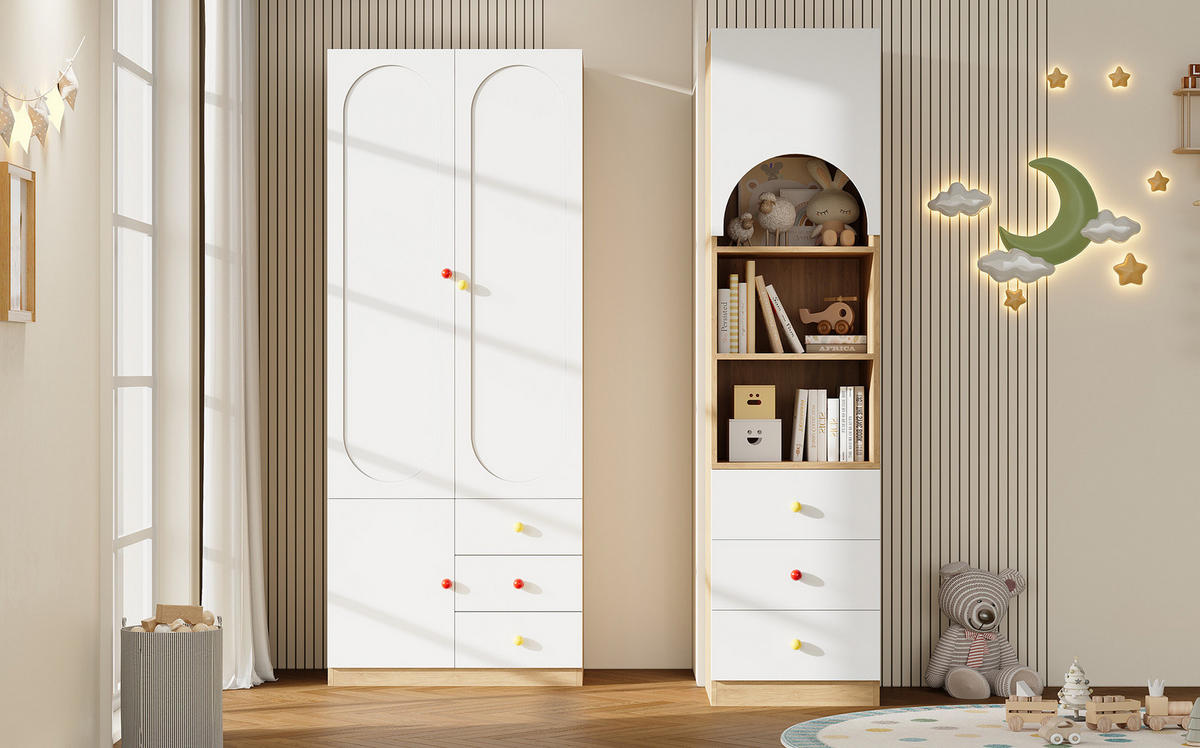 KLEIDERSCHRANK aus MDF 80x45x200 cm Weiß mit 2 Türen, 3 Schubladen, Kleiderstange und Anti-Kipp-Schutz - Weiß, Holzwerkstoff (80/200/45cm) - Modfu