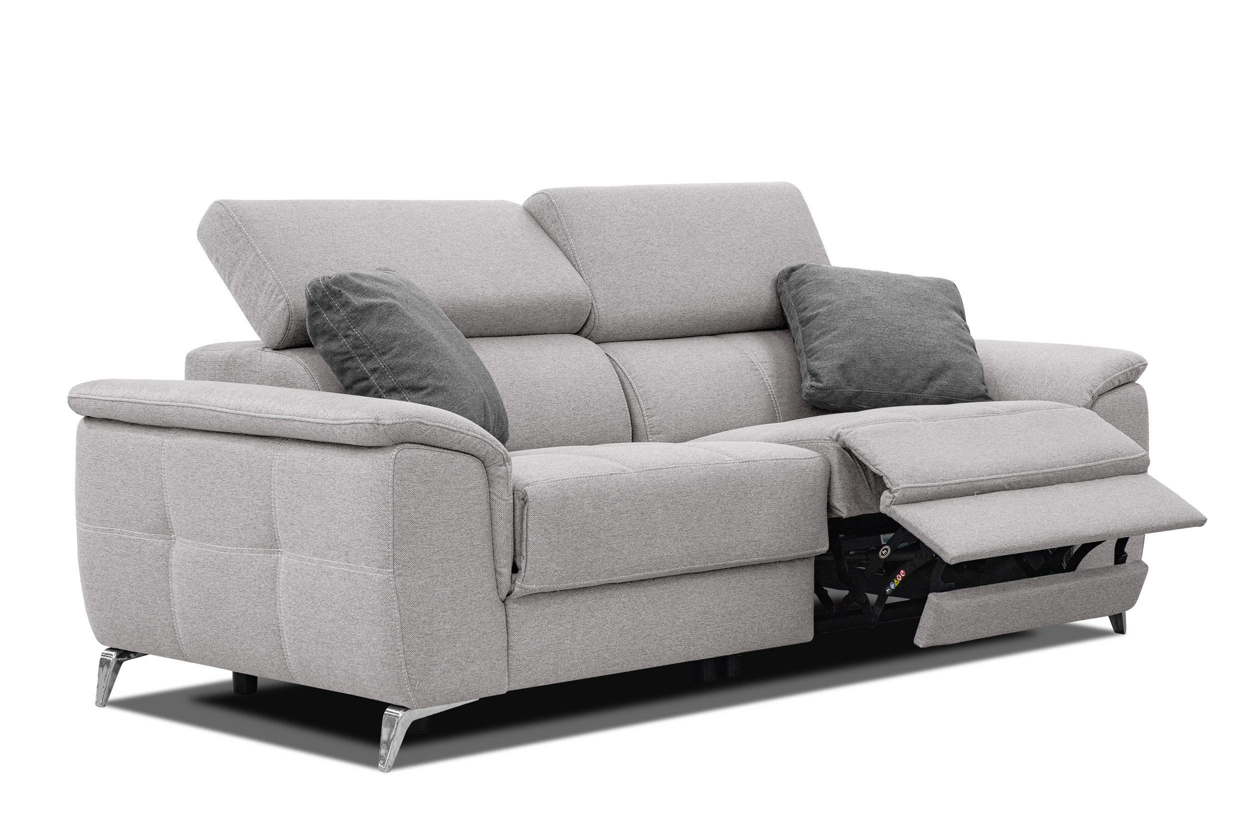 SOFA PLAUEN 3-Sitzer mit 2 Relaxfunktionen, hellgrau - Silberfarben/Hellgrau, Holzwerkstoff/Textil (214/83/105cm) - Courtois Laville
