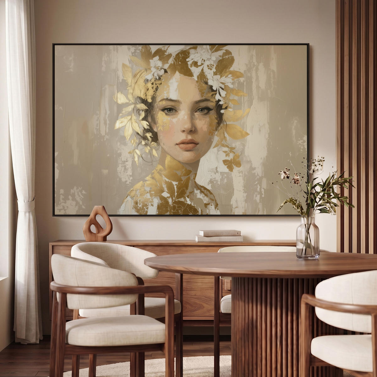 LEINWAND Bilder mit Rahmen - Gesicht - Frau - Blätter - Gold - 150x100 - Beige, Textil (150/100cm) - MuchoWow