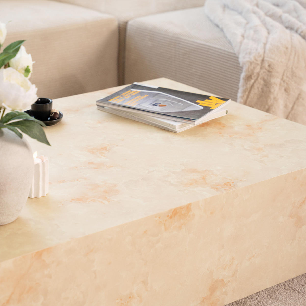 COUCHTISCH AMIRI XXL - Sandstein, 120 x 80 cm - Beige, Holzwerkstoff/Textil (80/120/35cm) - Home Deluxe