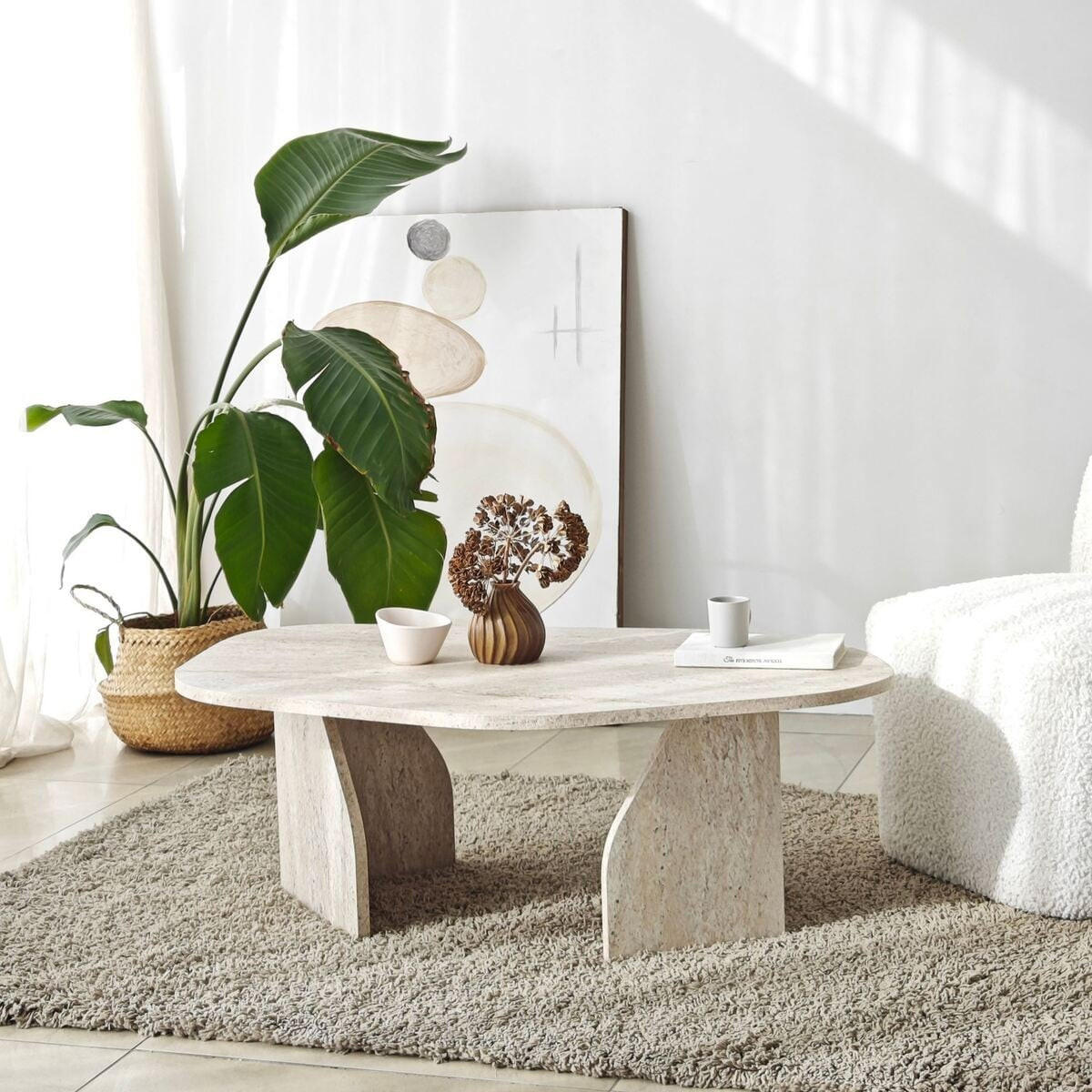 COUCHTISCH mit organisch geformter Tischplatte und breiten Beinen 100/60/35 cm - Beige, Holzwerkstoff (66/60/35cm) - Calicosy