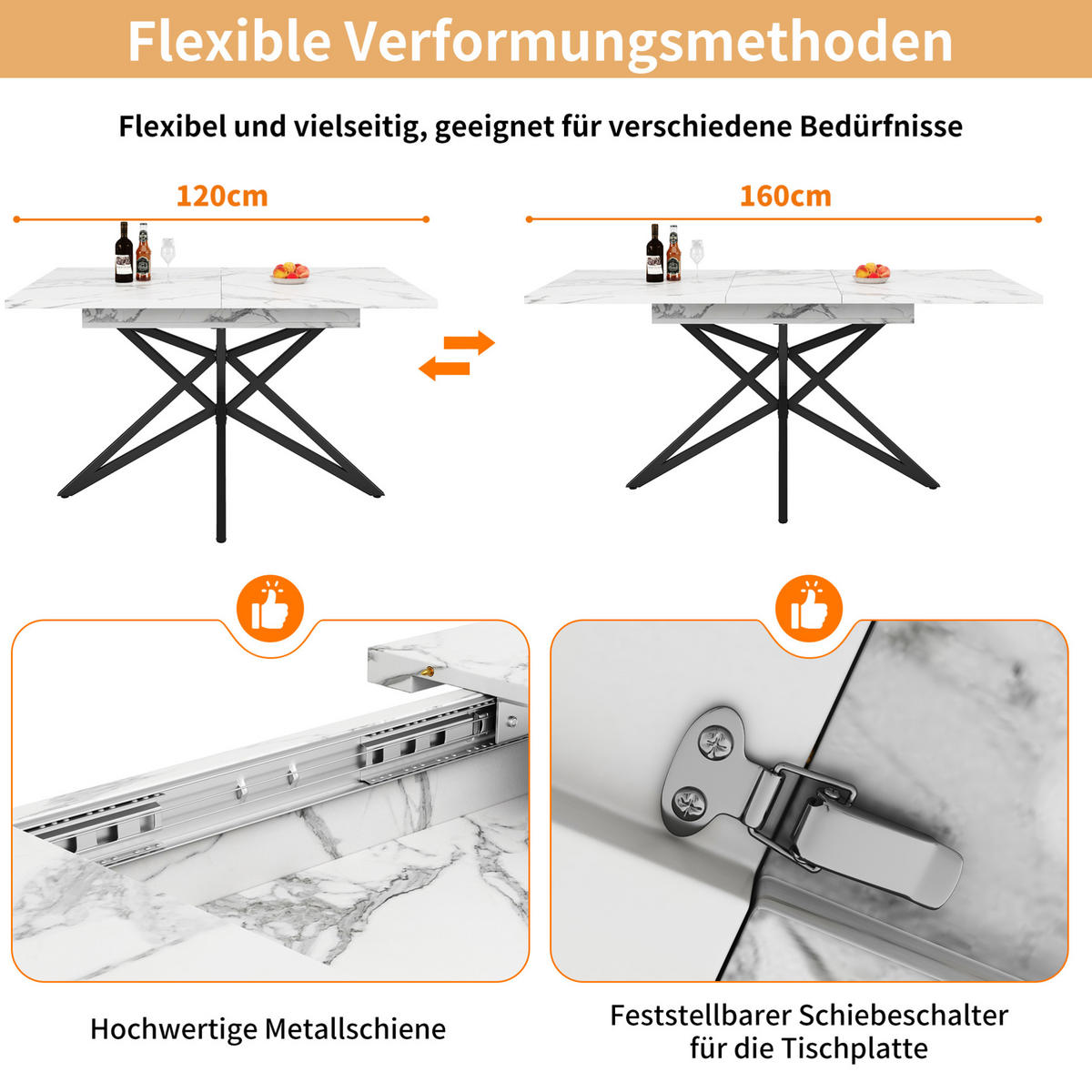 ESSTISCH, MDF mit Marmoroptik & Metallgestell, ausziehbar 120-160/80/66,1 cm, Weiß - Weiß, Holzwerkstoff (120/80/66.1cm) - Redom