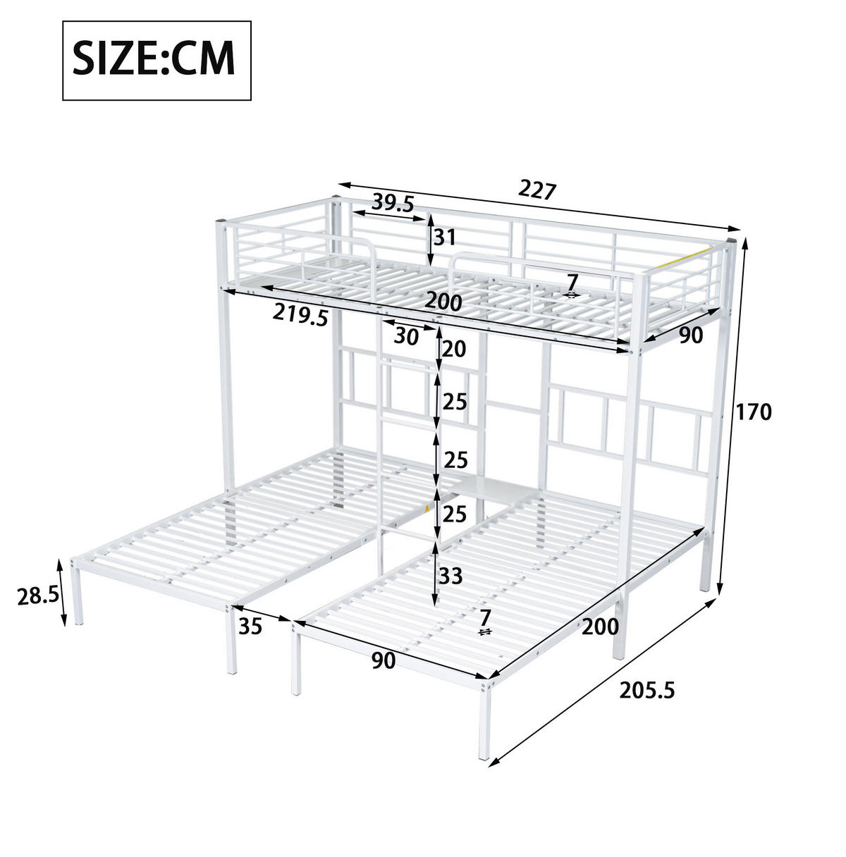 ETAGENBETT aus Metall 90x200 cm Weiß mit Leiter, Fallschutzgitter und Tischablage für 3 Personen - Weiß, Metall (90/200cm) - Modfu