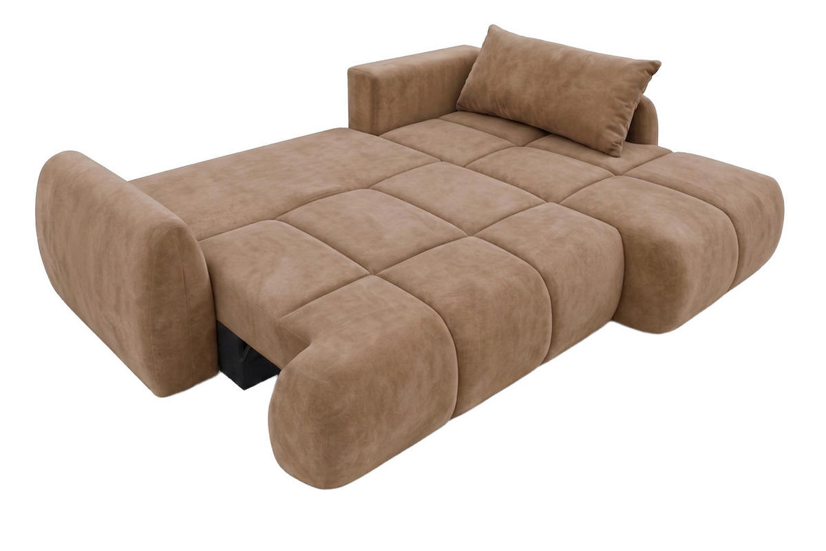 ROHOVÁ SEDAČKA s rozkládací funkcí a úložným prostorem, sametová látka Bluvel, Latte, Pravá, COCO - světle hnědá, dřevo (275/180cm) - Kaiser Möbel