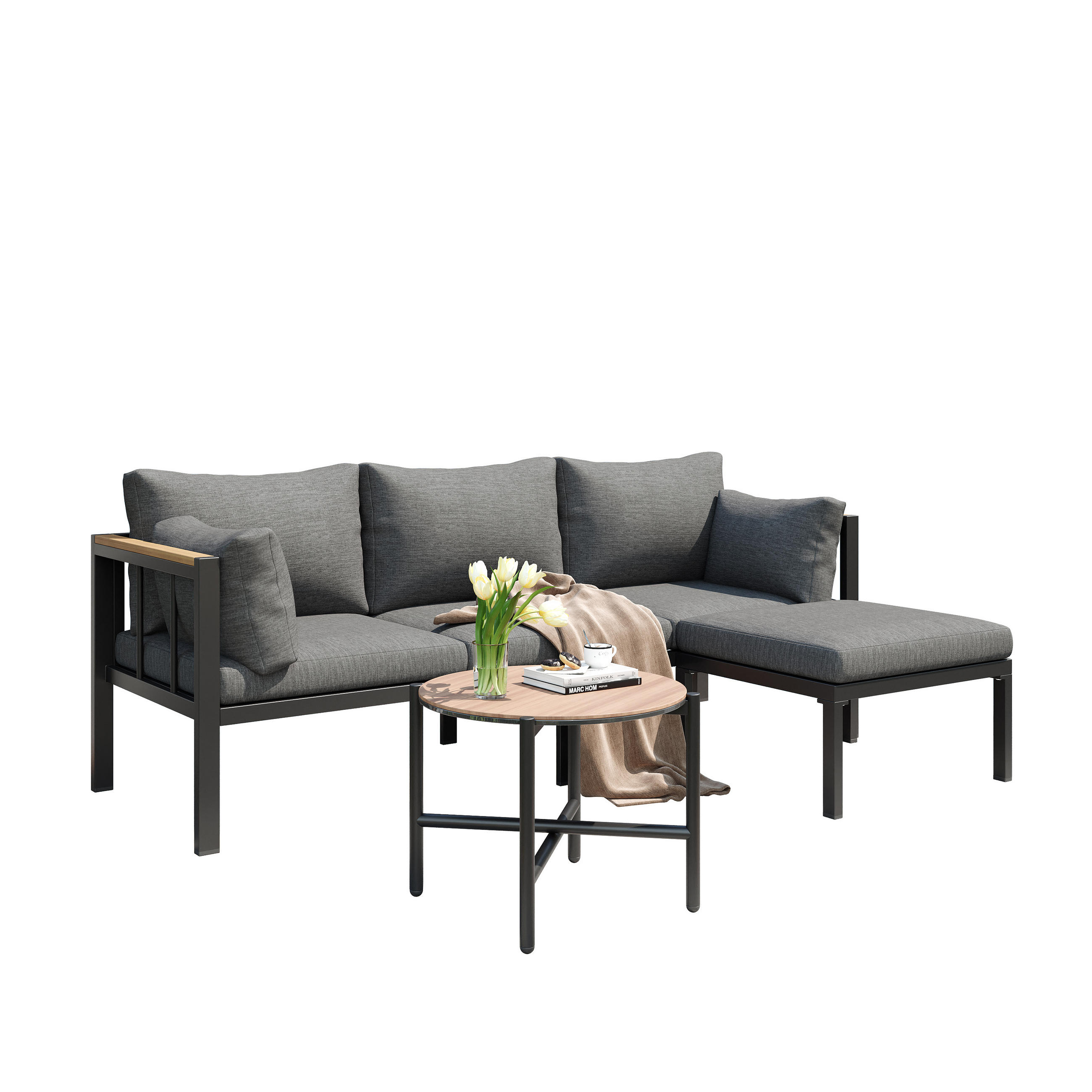 GARTENSET Eck Mit Sofa Couchtisch Hocker Grau & Glastisch - Grau, Textil - FLIEKS