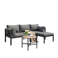 GARTENSET Eck Mit Sofa Couchtisch Hocker Grau & Glastisch - Grau, Textil - FLIEKS