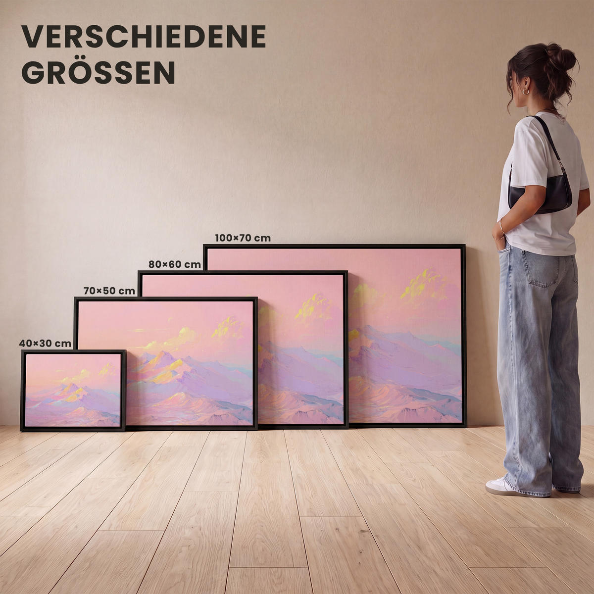 LEINWAND Bilder mit Rahmen - Berggipfel - Wolken - Verträumt - 40x30 - Hellrosa, Textil (40/30cm) - MuchoWow