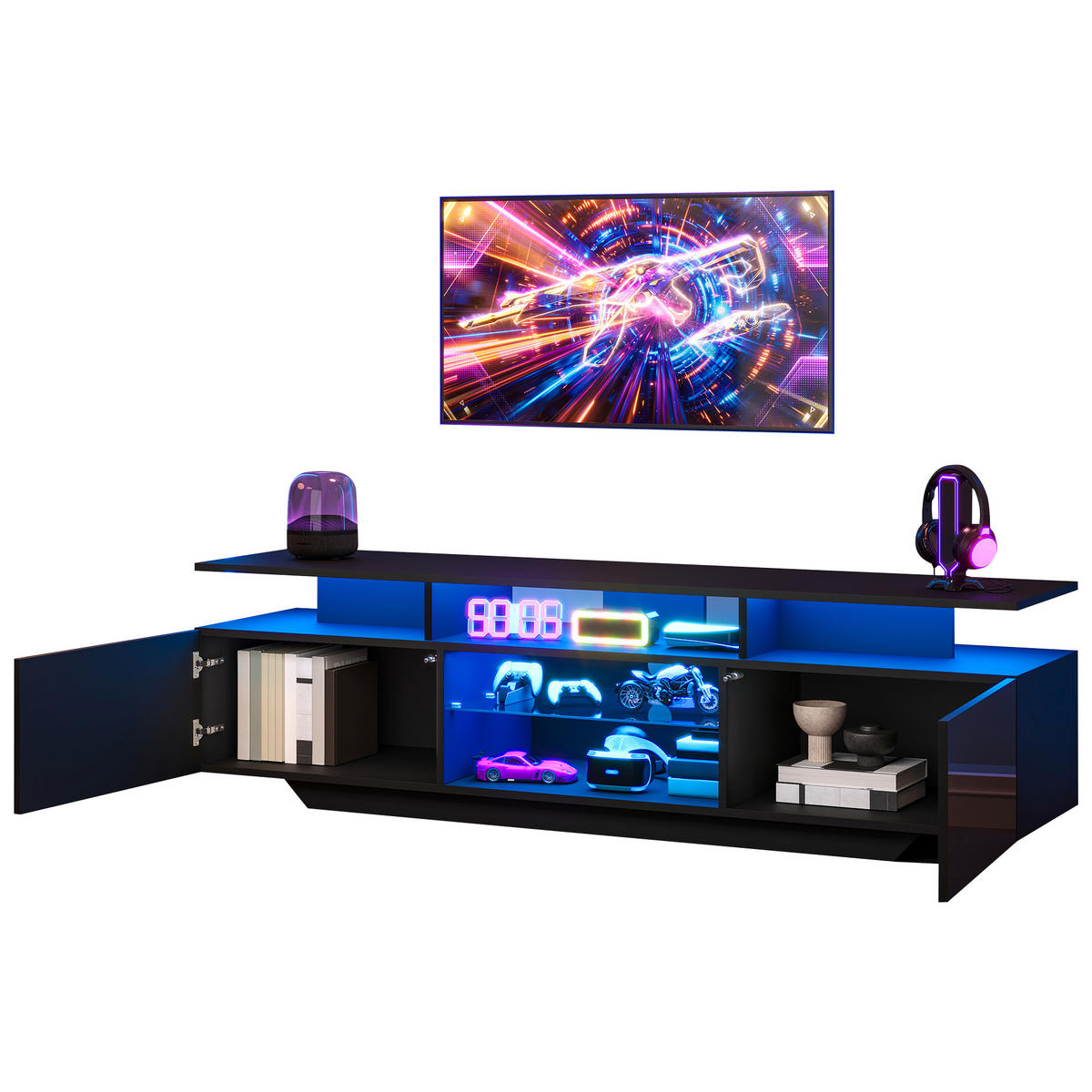 TV-ELEMENTFERNSEHSCHRANK Schwarz 160x40x45cm-TV-Board Hochglanz mit LED-App-Steuerung - Schwarz, Holz (50.5/14.99/76cm) - Raelunyi