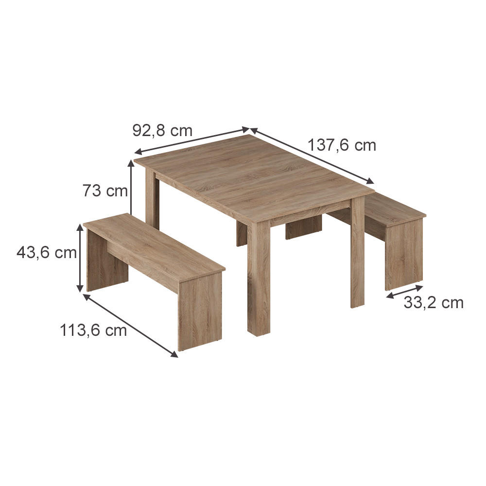 ESSTISCH SET Sentio Sonoma 137.6 x 92.8 cm mit 2 Bänken - Sonoma Eiche, Holzwerkstoff (137.6/73/92.8cm) - Vicco