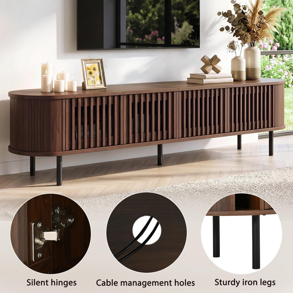TV-ELEMENT178X39,5X49,5CM für 75-Zoll-Fernseher mit 4-Lamellentüren Walnussfarben - Walnussfarben, Holz (49/19/103.51cm) - Raelunyi