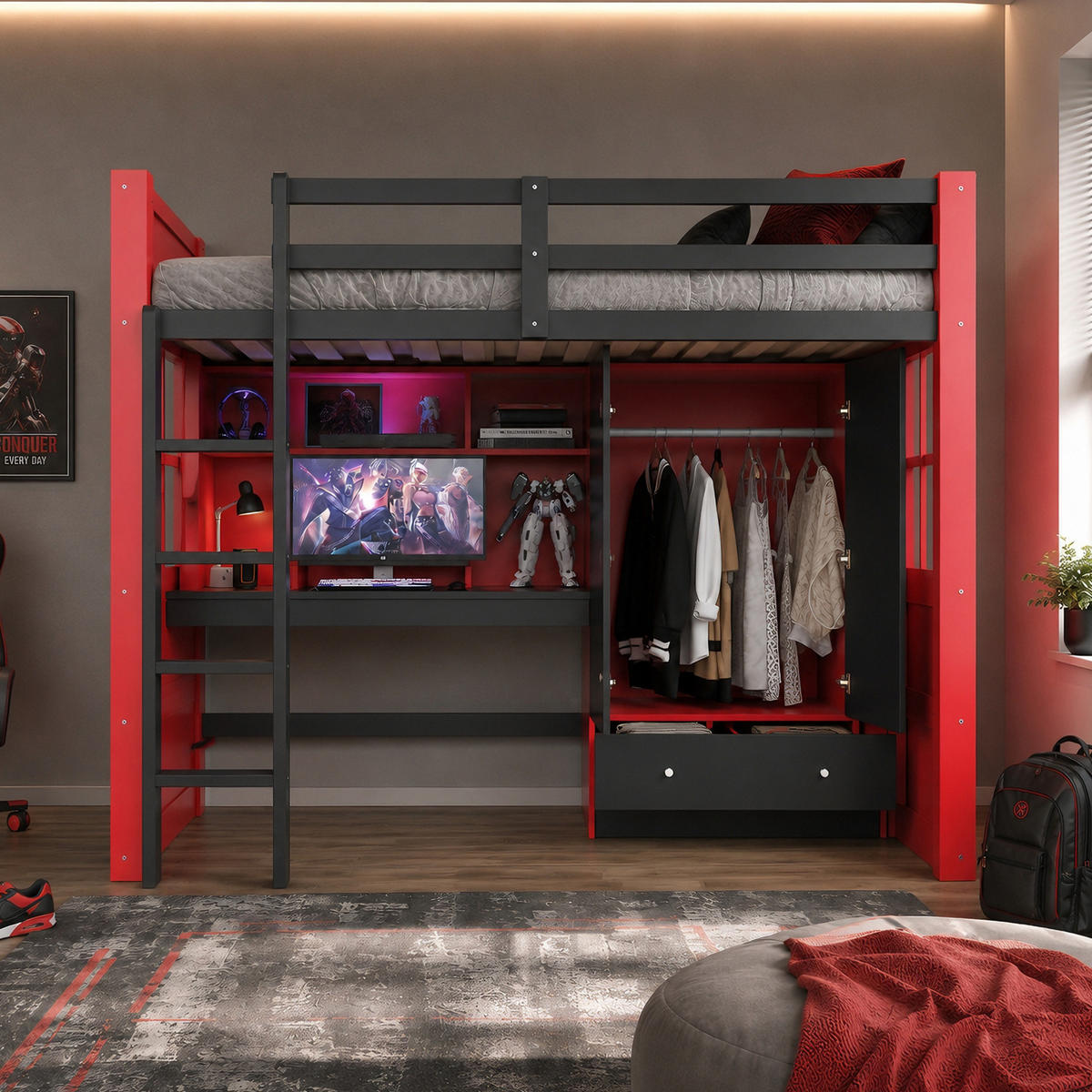 HOCHBETT 90x200 cm in Schwarz-Rot mit Schreibtisch, Kleiderschrank und LED-Beleuchtung - Schwarz, Holz (90/200cm) - IVMEU