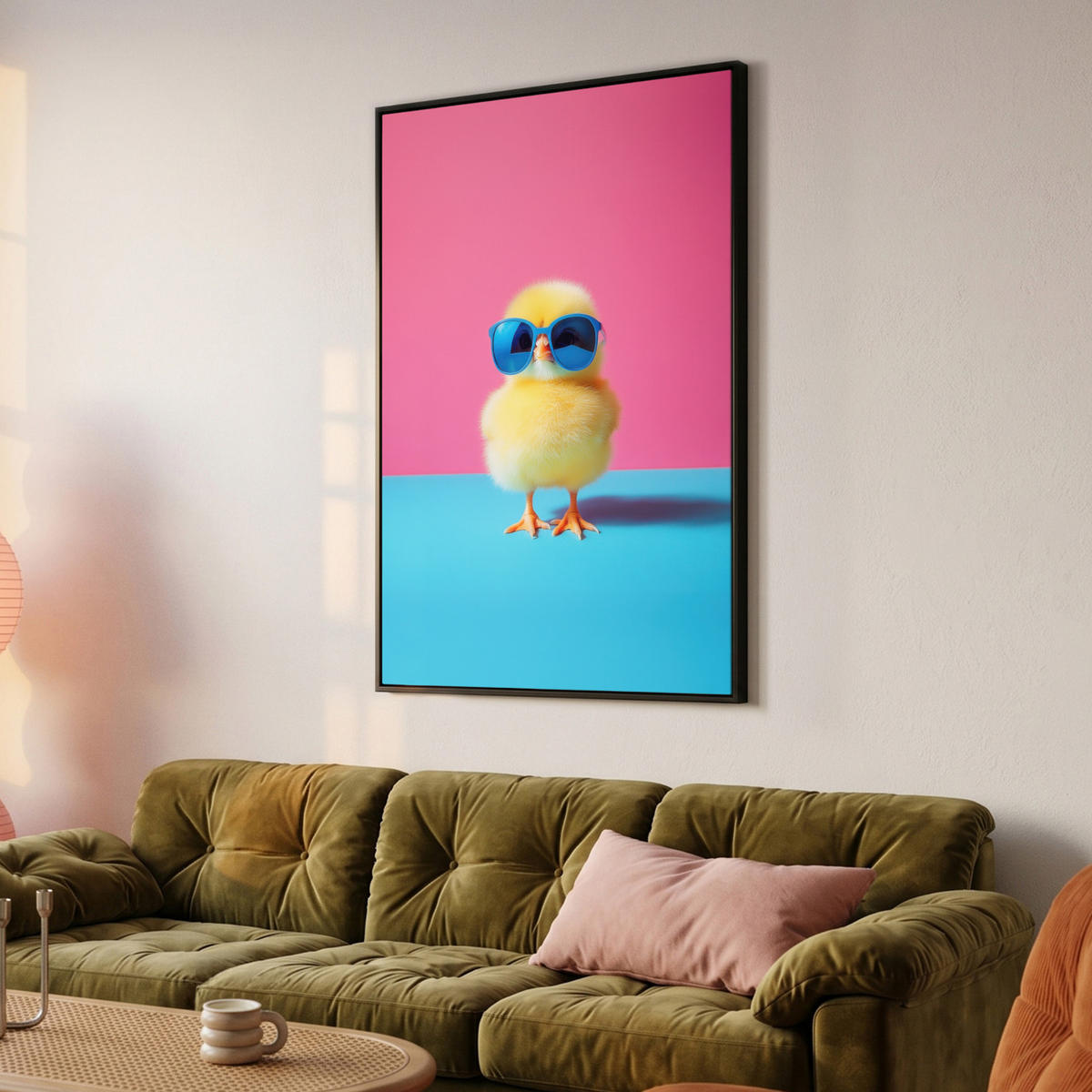 LEINWAND Bilder mit Rahmen - Chick - Sonnenbrille - Blau - 90x140 - Pink, Textil (90/140cm) - MuchoWow