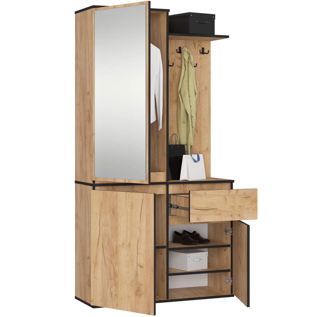 GARDEROBE Entro mit Spiegel, Eiche Craft, 95x183x35 cm - Eichefarben, Holzwerkstoff (95/183/35cm) - Akord
