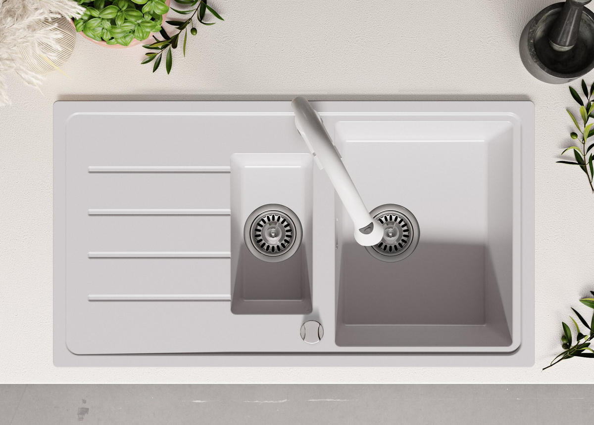 GRANITSPÜLE Kopenhagen Duo, 2-er set Alles Weiß 90/50 cm 1,5 Becken + Küchenarmatur 40/20 cm + Ablauf-Set ab 60er Unterschrank - Weiß, Kunststoff (90/19/50cm) - Primagran