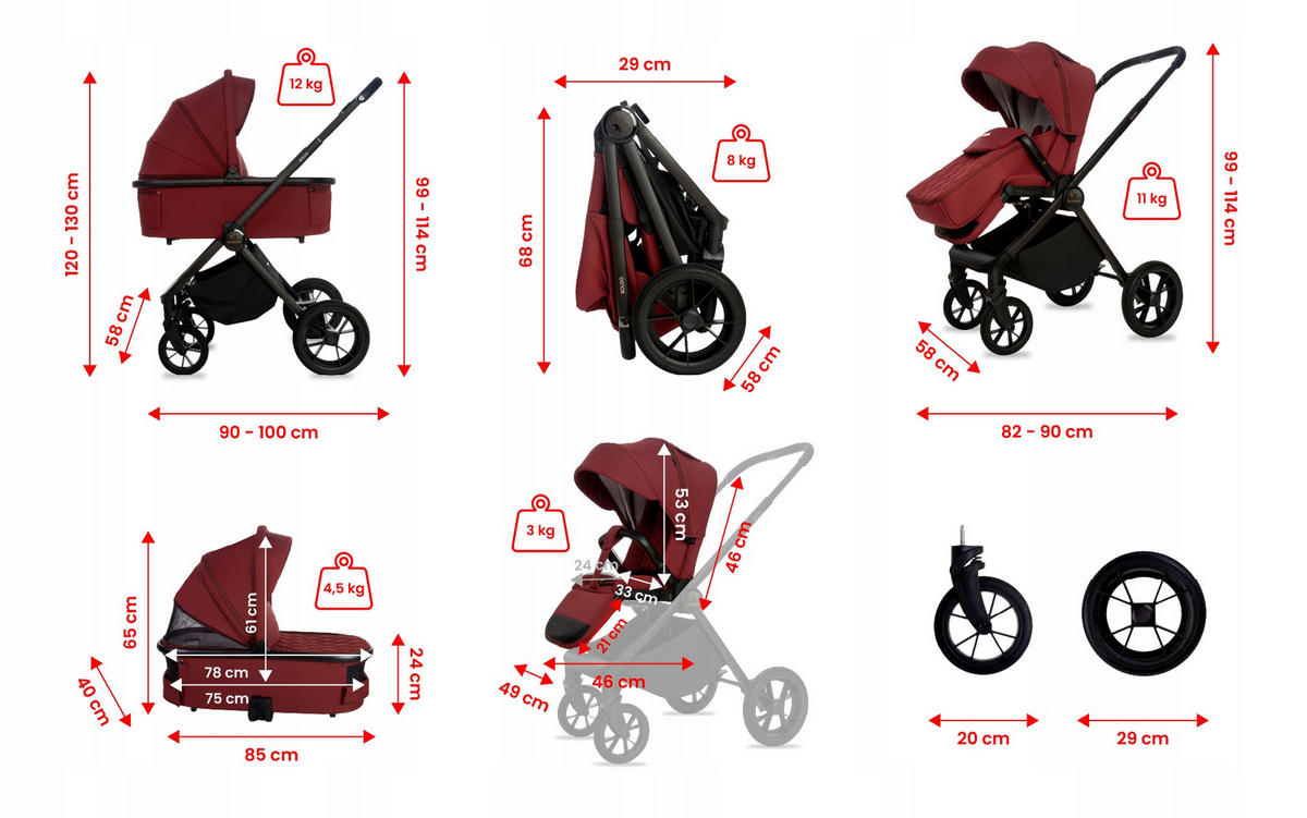 KINDERWAGEN Boldo 3in1 Brownie Babywanne, Buggy Sportsitz, Babyschale I-Size - Weinrot/Schwarz, Textil/Metall (58/98cm) - BabyLux