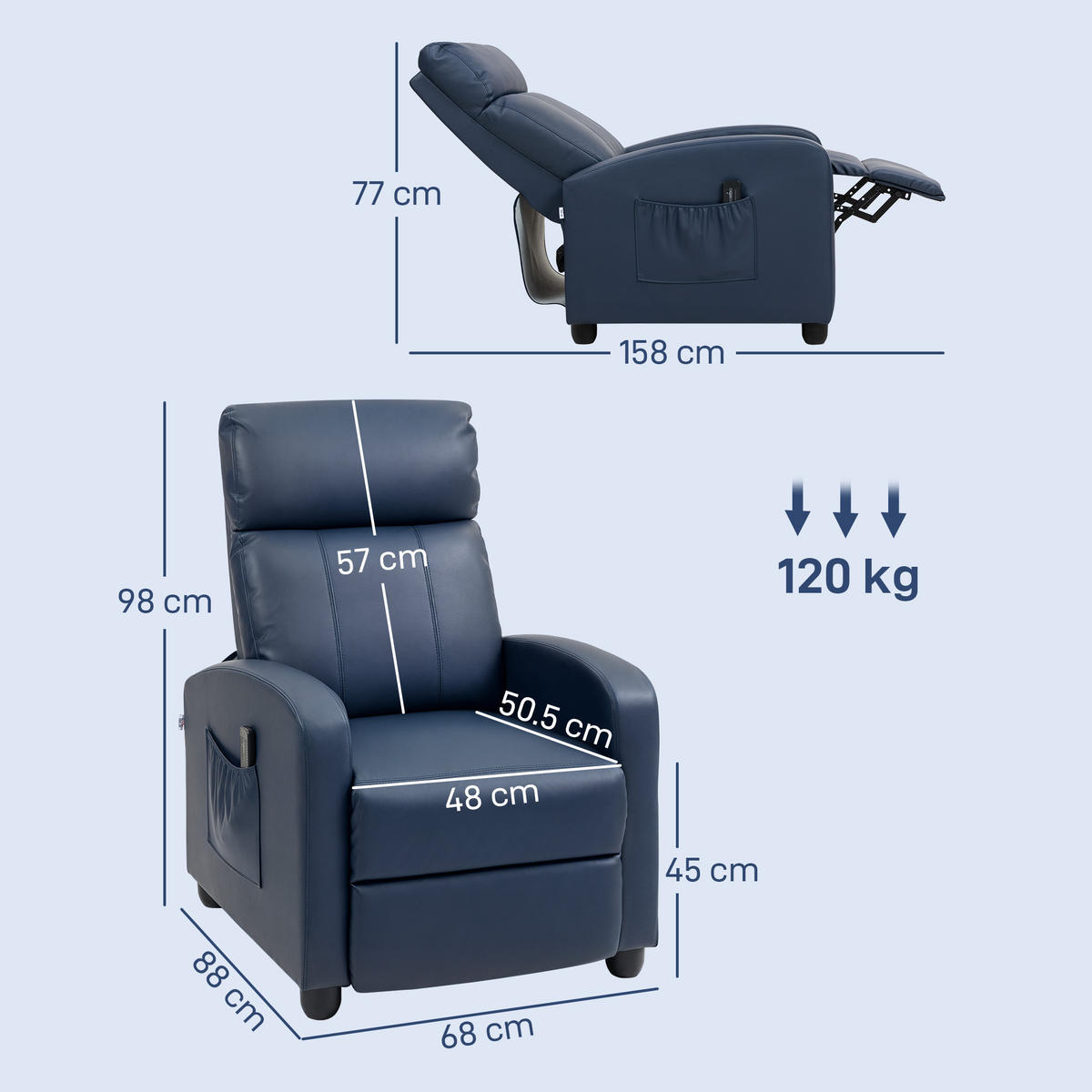 MASSAGESESSEL,PU-LEDER verstellbar Fernbedienung Fußstütze,dunkelblau - Blau, Leder (68/98/88cm) - Vallsero