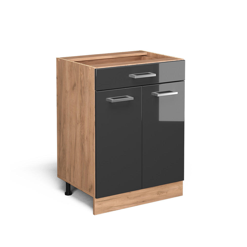 KÜCHENUNTERSCHRANK R-Line Anthrazit Hochglanz 60 cm mit Schublade ohne AP - Honigeiche/Schwarz Hochglanz, Holzwerkstoff (60/81.6/46cm) - Vicco