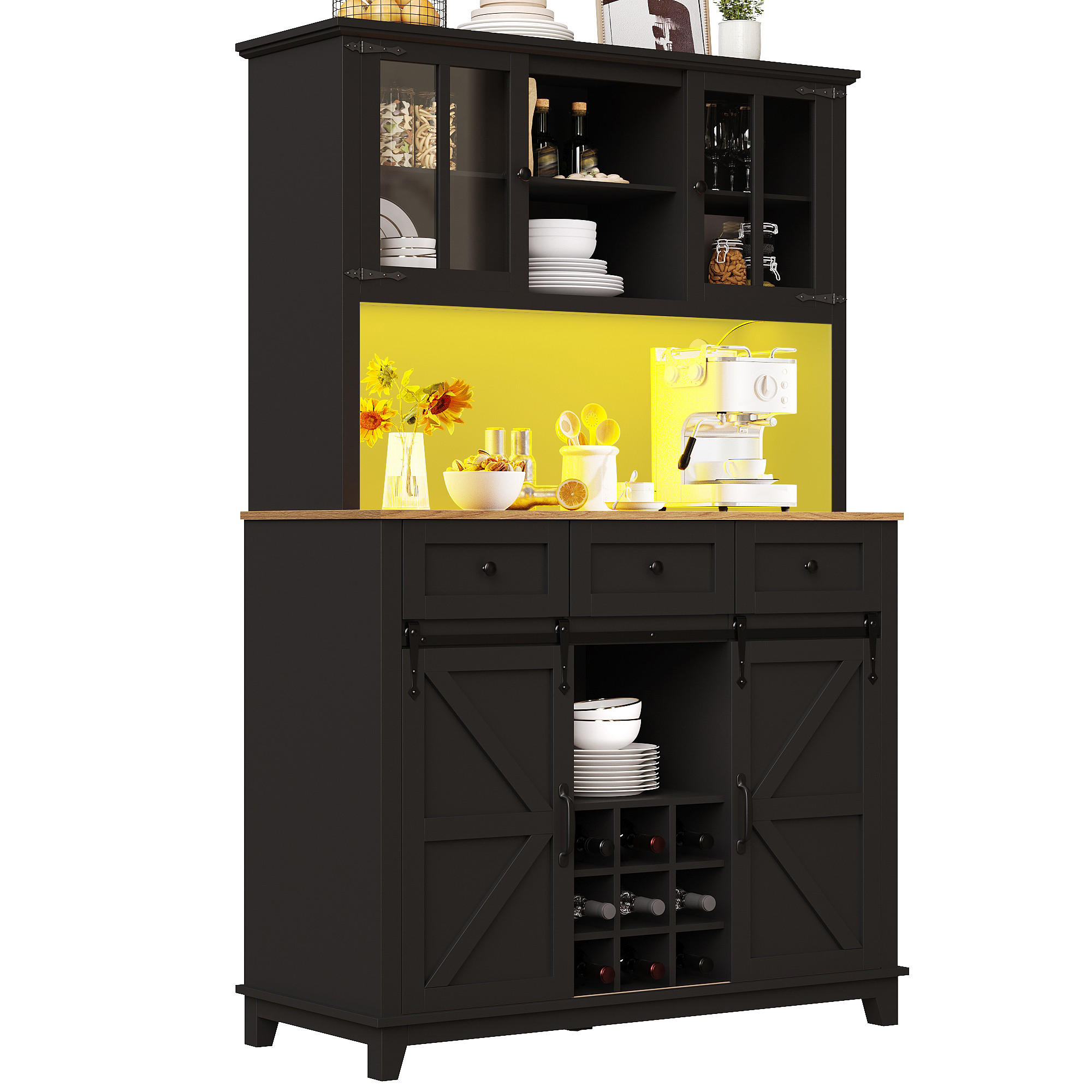 KÜCHENSCHRANK in Schwarz mit LED,verstellbaren Ablagen und Schubladen für Wohnzimmer,B105/T38.4/H180cm - Schwarz, Glas/Holzwerkstoff (105/180/40cm) - STILVORA
