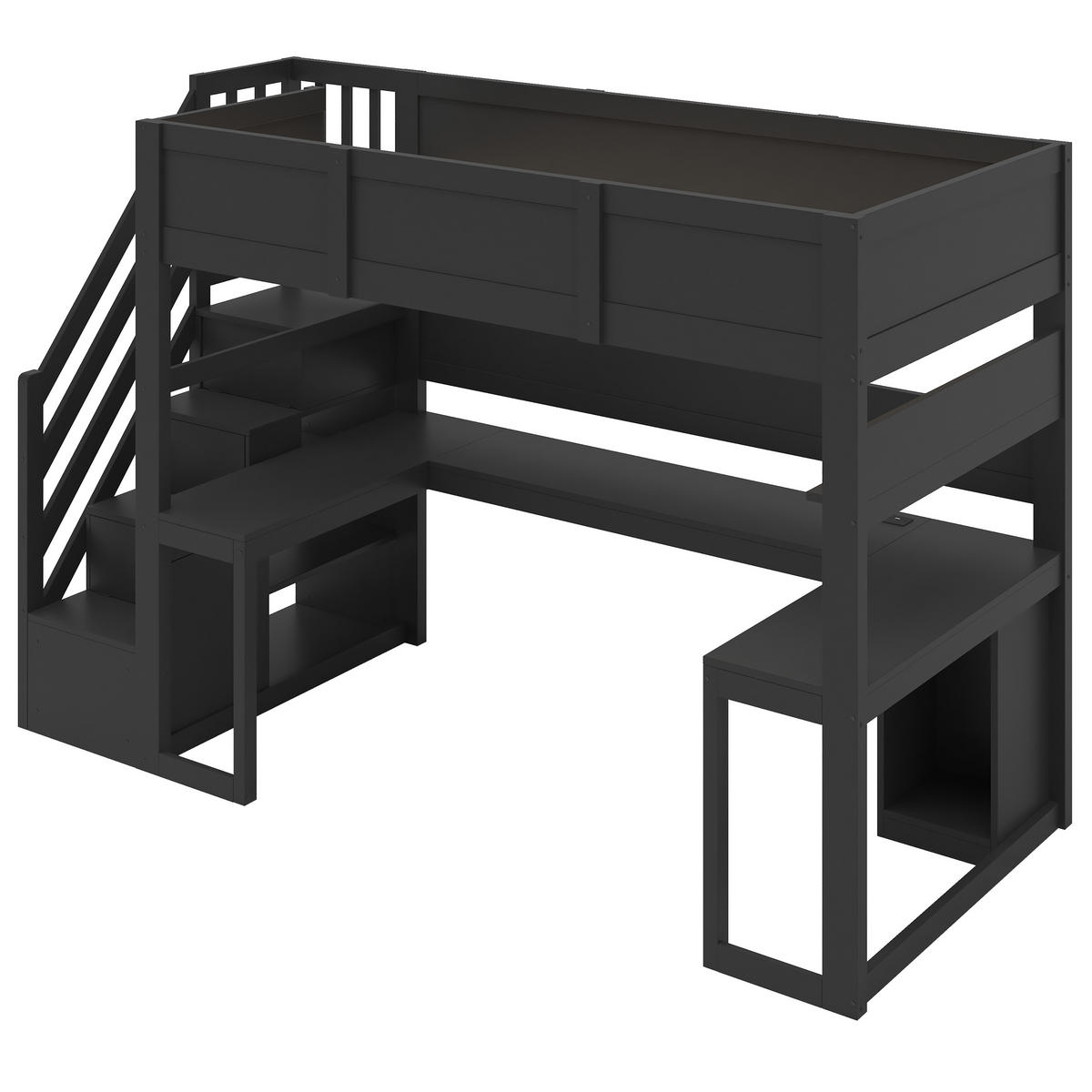HOCHBETT 90 x 200 cm mit Schreibtisch LED-Beleuchtung und USB-Anschluss, Schwarz - Schwarz, Holz (90/200cm) - KOMHTOM