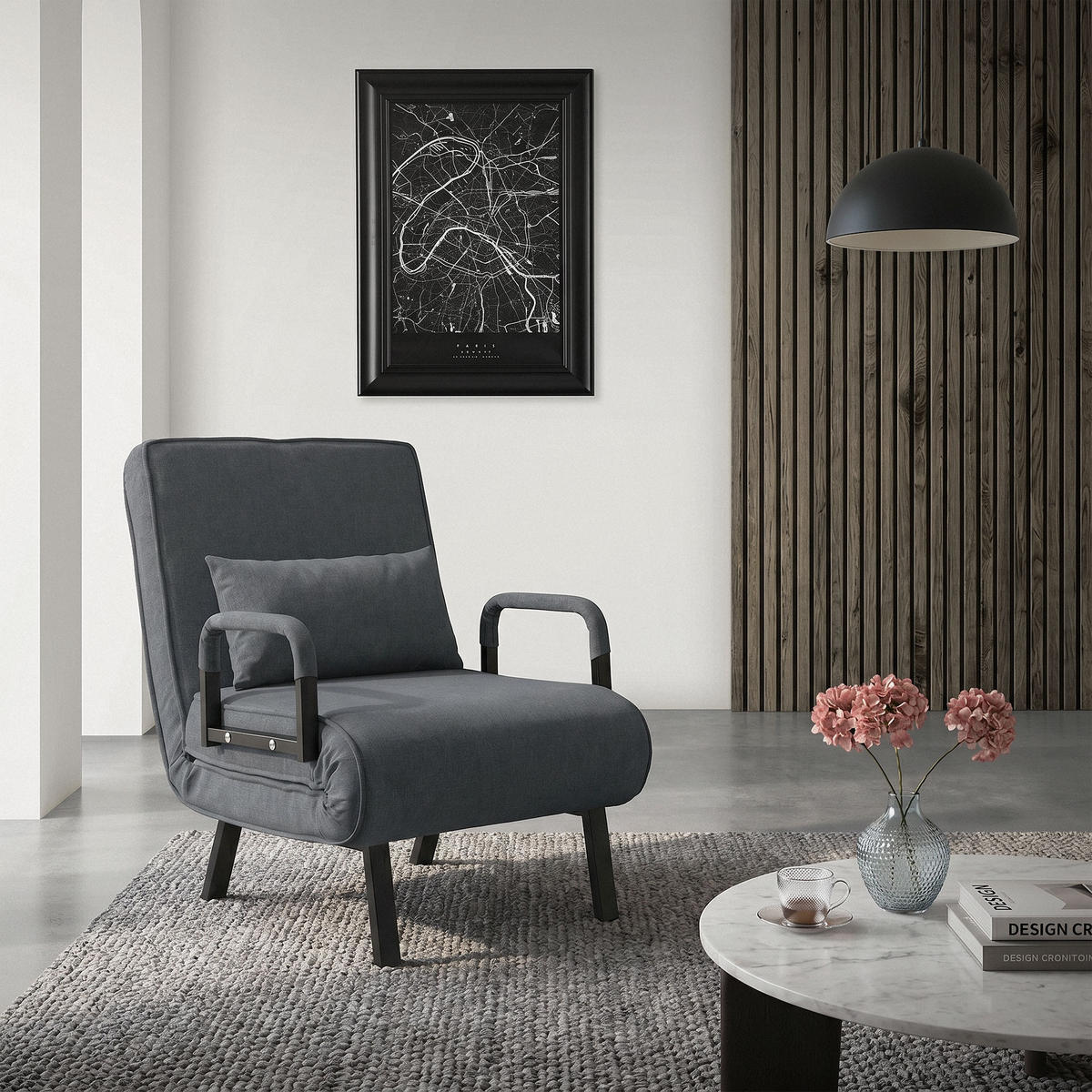 SPACÍ KŘESLO s funkcí postele, antracitové, 186 x 60 cm, skládací křeslo s ocelovým rámem a čenilou - černá/antracitová, kov/textil (65/82/87cm) - ML-DESIGN