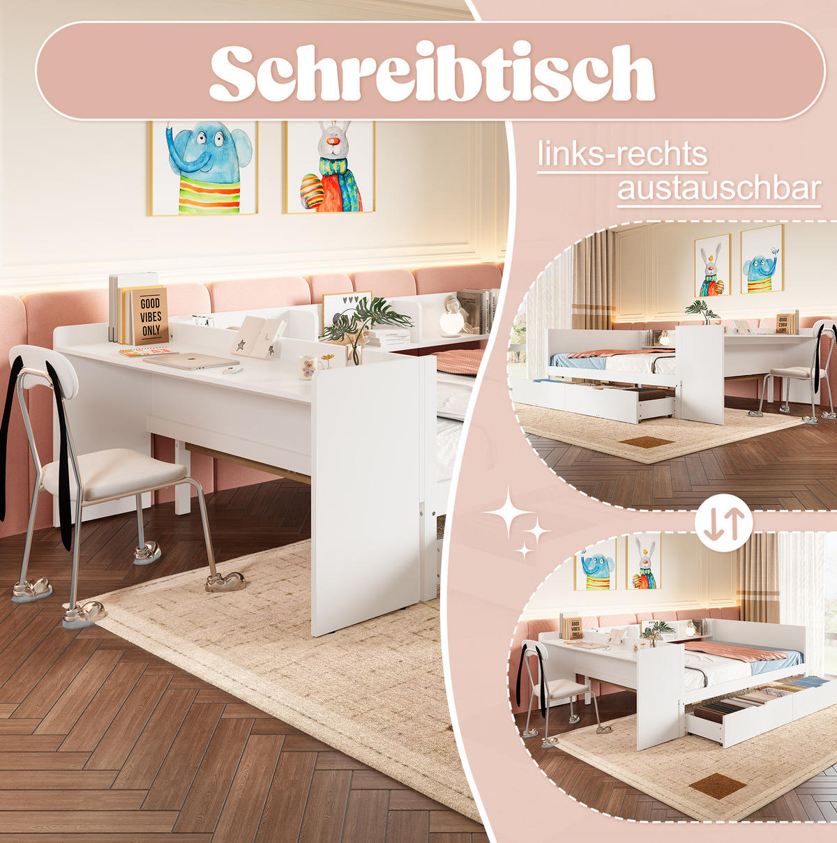 BETT 140/200 cm mit Schreibtisch, 2 Schubladen und 3 Regalen aus Kiefern und Spanplatte, Weiß/Rosa - Weiß, Holzwerkstoff (140/200cm) - Redom