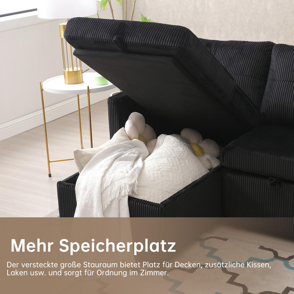 ECKSCHLAFSOFA Cord modular mit Stauraum Schwarz 206/108/66 cm - Schwarz, Textil (108/206cm) - Redom