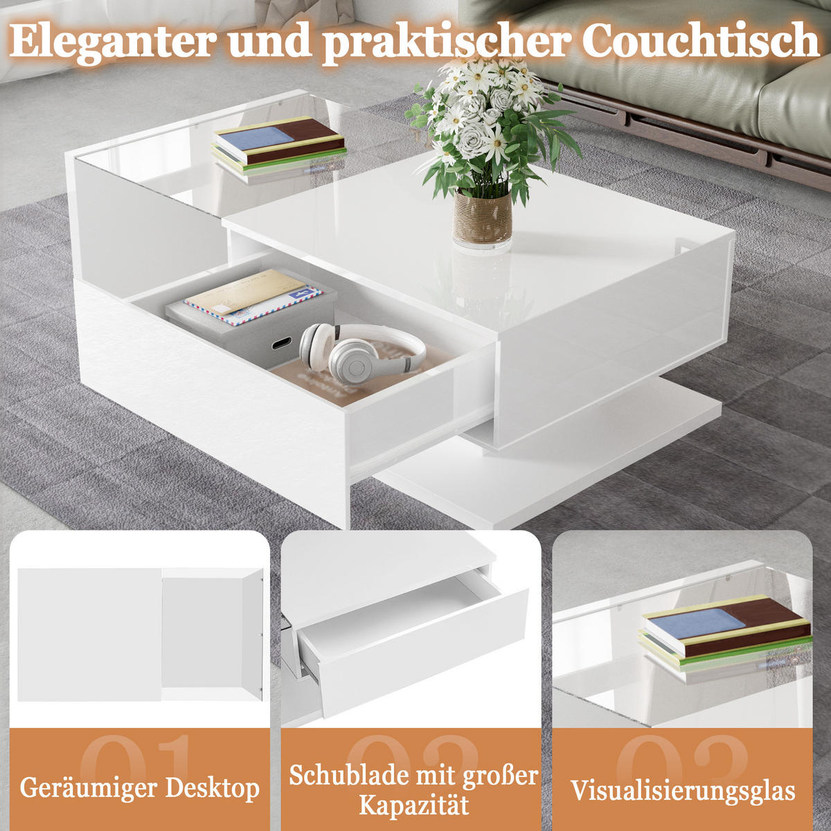 COUCHTISCH Hochglanzweiß mit Glas & LED-Effekt - Weiß, Holz (105/55/32.5cm) - FLIEKS