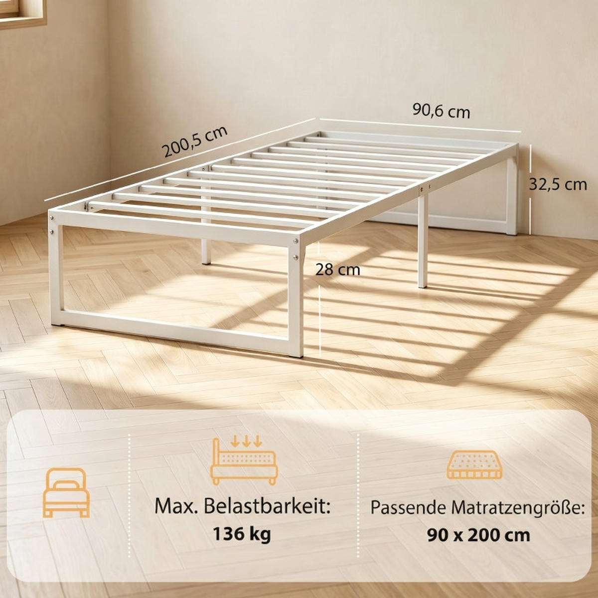 BETTGESTELL 90/200 cm DE-32876 mit Stauraum und Stahl-Lattenrost Weiß - Weiß, Metall (90/200cm) - ComfortXL