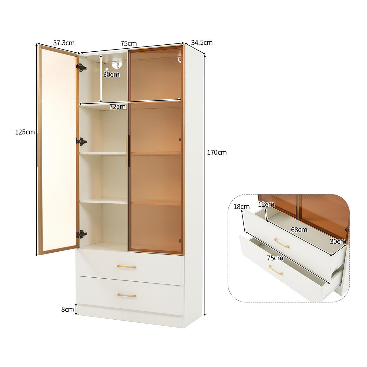 BADSCHRANK in Weiß Highboard mit LED-Lichtleiste Glastür 2 große Schubladen 2 Türen , B75/T34.5/H170cm - Weiß, Glas/Holzwerkstoff (75/170/34.5cm) - STILVORA