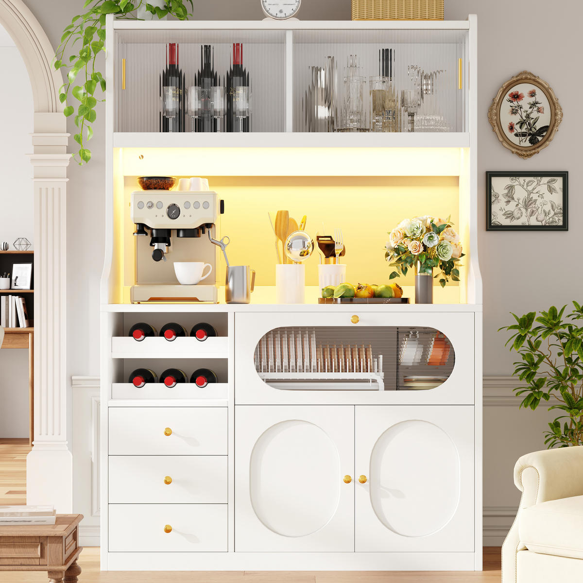 BUFFET DE-38487 120/40/180 cm mit LED-Beleuchtung und Weinregal Weiß - Weiß, Holzwerkstoff (120/180/40cm) - ComfortXL