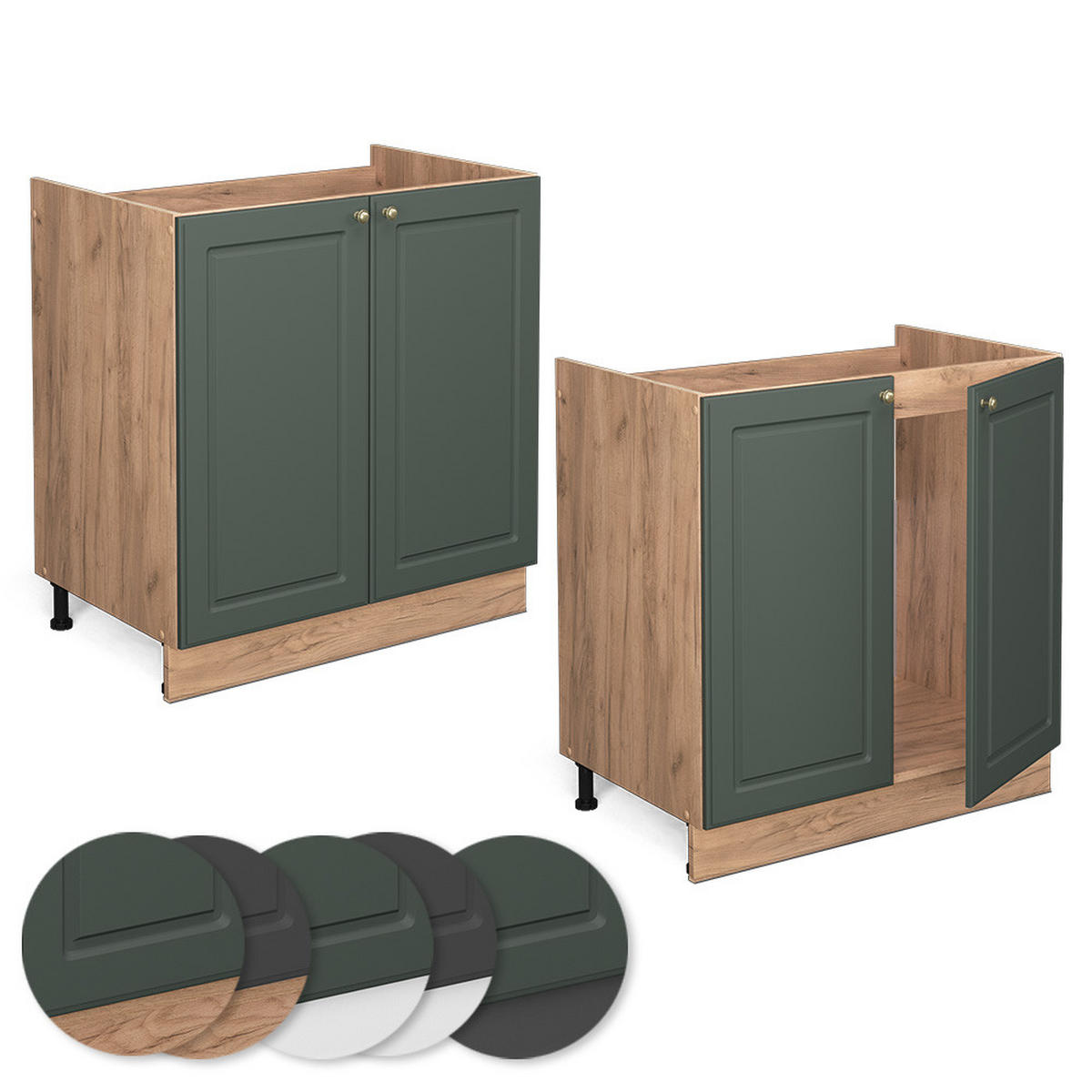 SPÜLENUNTERSCHRANK Fame-Line Grün-Gold Landhaus 80 cm, AP Anthrazit - Honigeiche/Eiche Wotan, Holzwerkstoff (80/82/60cm) - Vicco