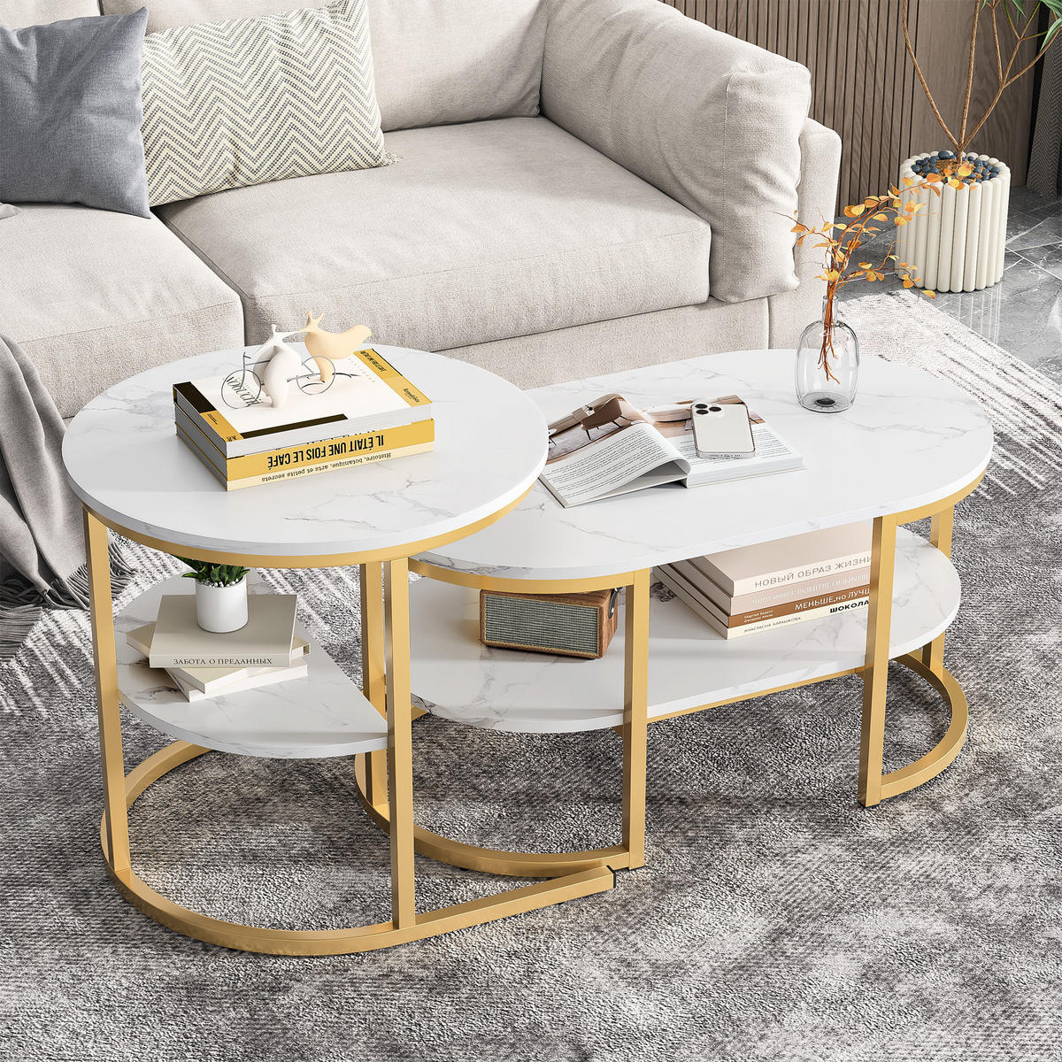 COUCHTISCH-SET DE-37267 2-in-1 Nesting mit Marmoroptik Gold - Weiß, Metall (100/46/41cm) - ComfortXL