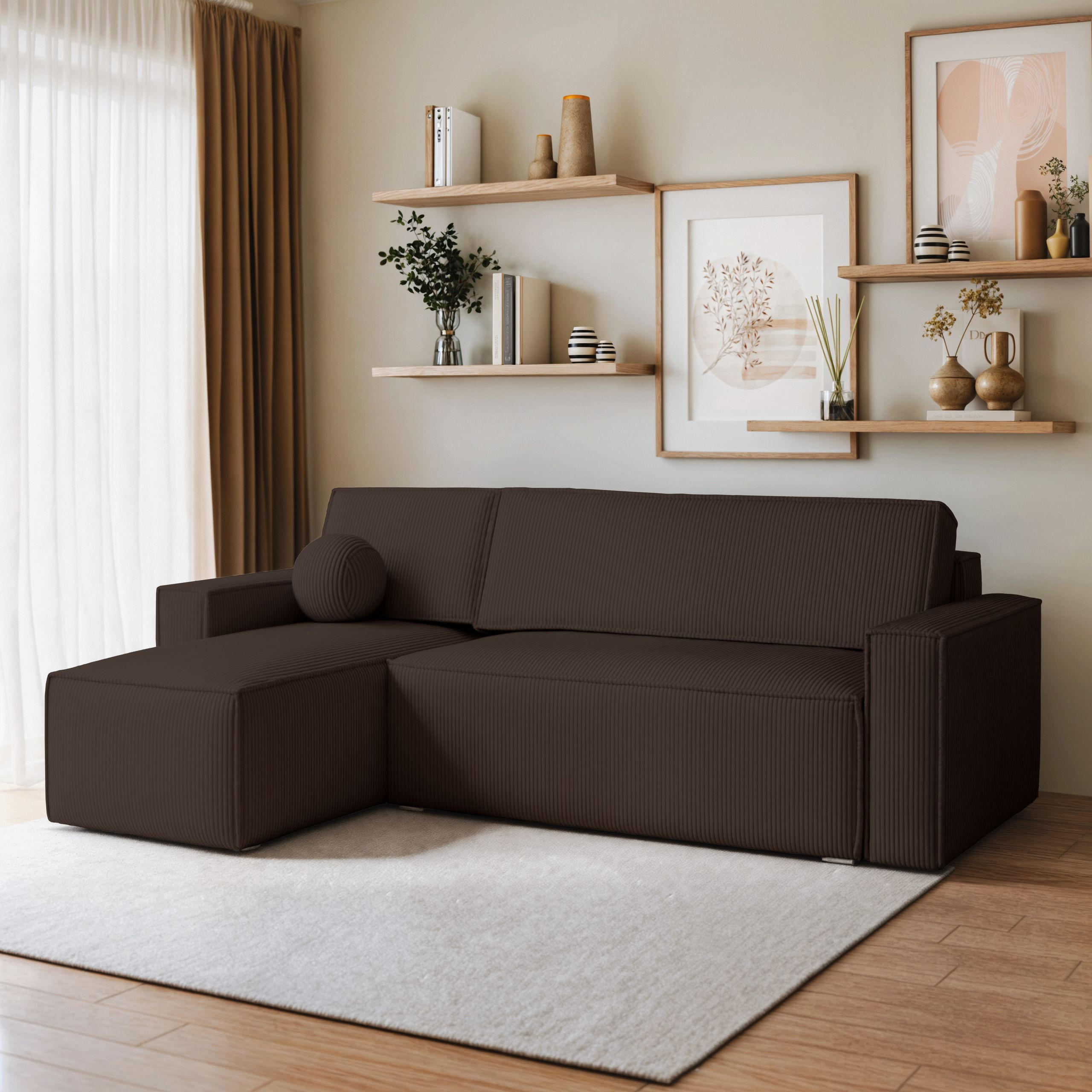 ECKSOFA RAVELO P Braun Kordstoff mit Schlaffunktion - Braun, Holz (240/140cm) - MASSENO
