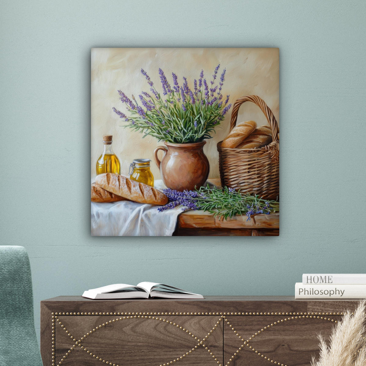 LEINWANDBILD Lavendel - Brot - Stilleben Wandbild Wohnzimmer 50x50 cm - Flieder, Textil (50/50cm) - MuchoWow