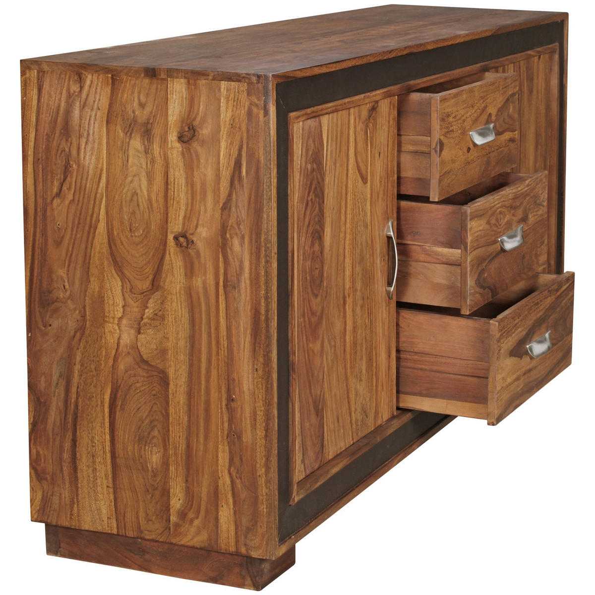 SIDEBOARD – Massivholz mit Kunstleder, 160x44x80 cm, rustikal, mit Türen und Schubladen - Dunkelbraun/Braun, Holz/Textil (160/80/44cm) - KADIMA DESIGN