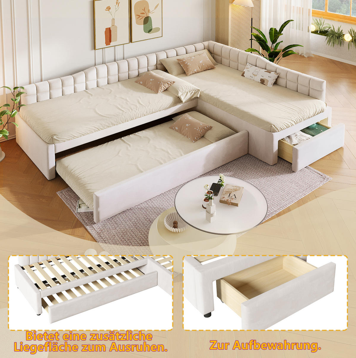 BETT 90/200 cm in Beige mit Schubladen und Samtbezug - Beige, Textil (90/200cm) - Flora Grace
