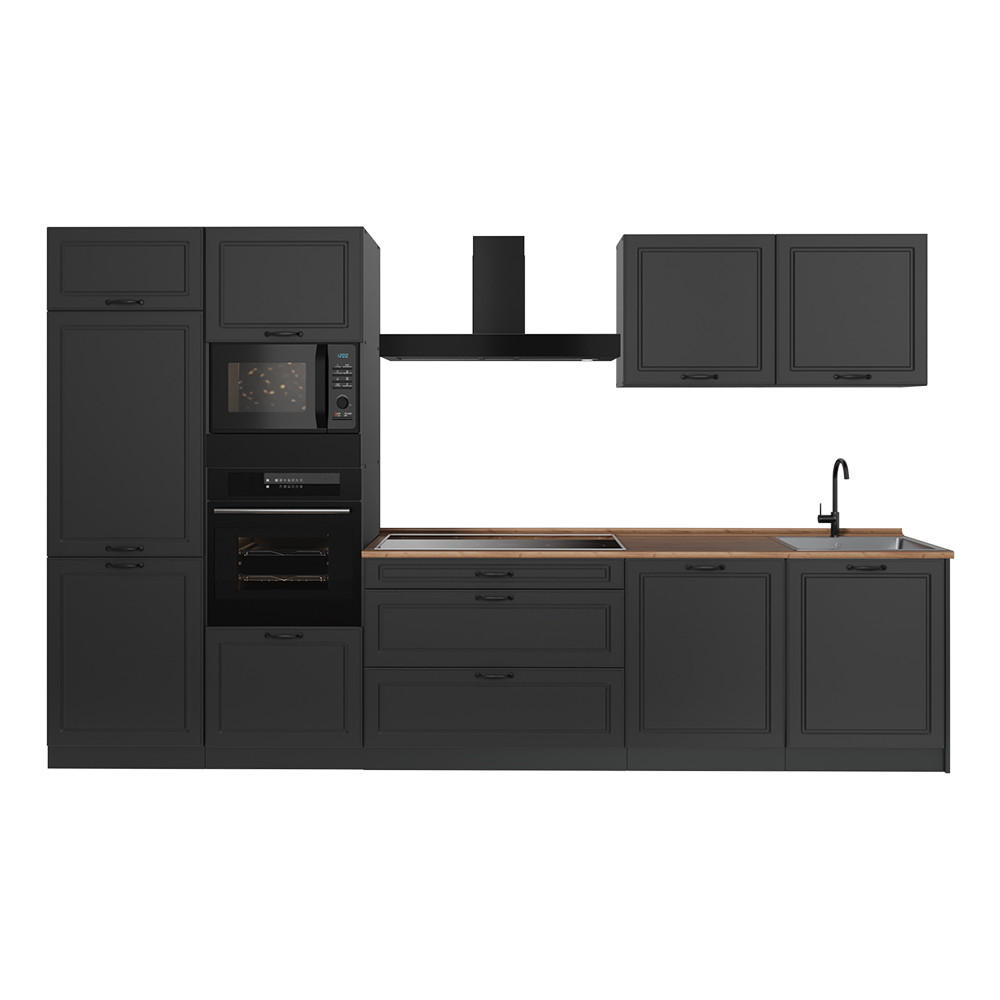 KÜCHENZEILE R-Line, Anthrazit Landhaus/Anthrazit, 340 cm Arbeitsplatte Goldkraft Eiche - Anthrazit, Holzwerkstoff (340/206.8/60cm) - Vicco
