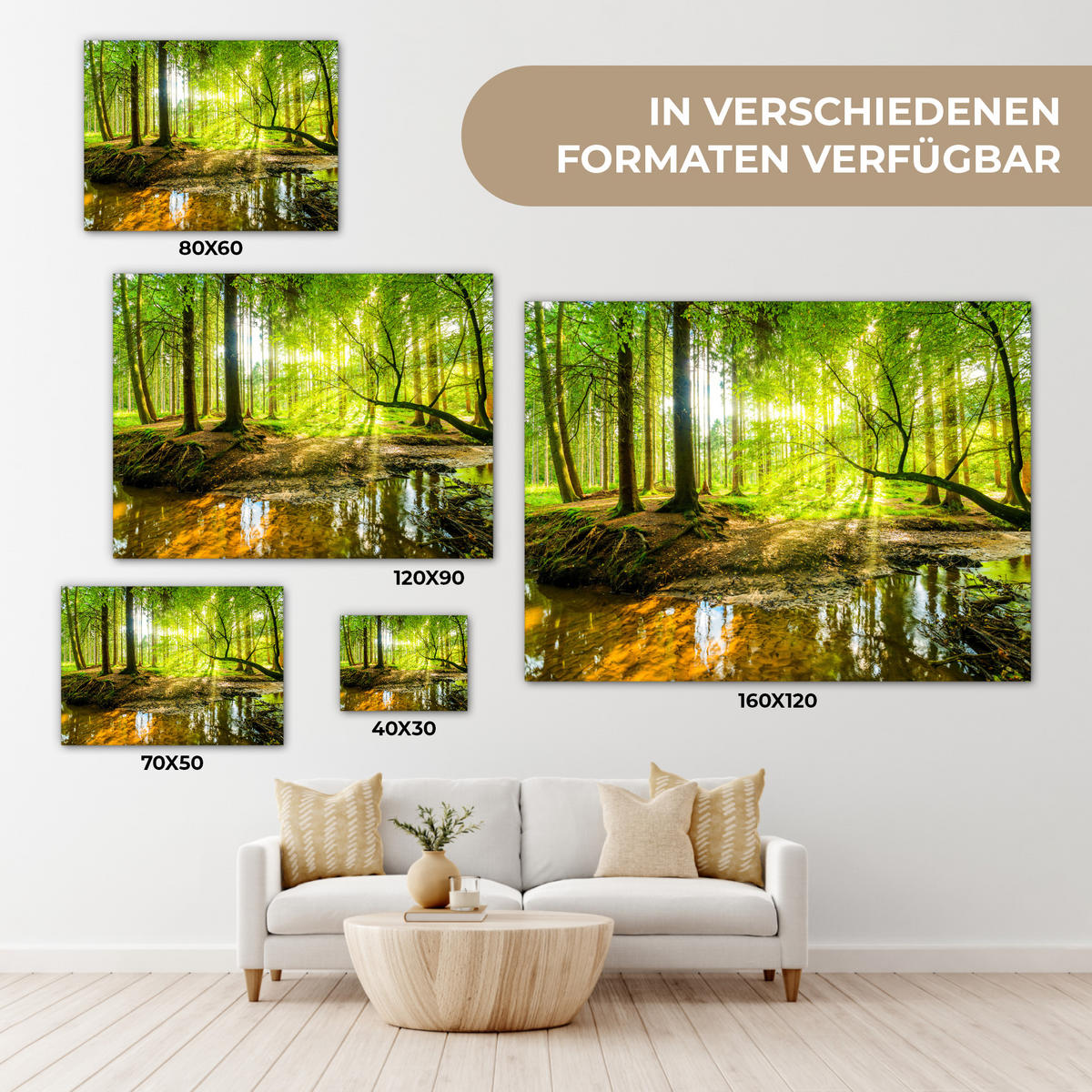 LEINWANDBILD Wald - Landschaft - Wasser - Bäume - Sonne - Grün - Natur Wandbilder 80x60 cm - Grün, Textil (80/60cm) - MuchoWow