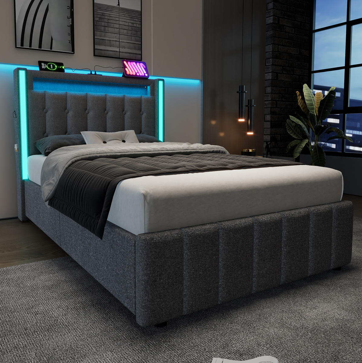ČALÚNENÁ posteľ 90/200 cm sivá s USB-C, LED osvetlením a 2 zásuvkami - sivá, textil (90/200cm) - BEAOK