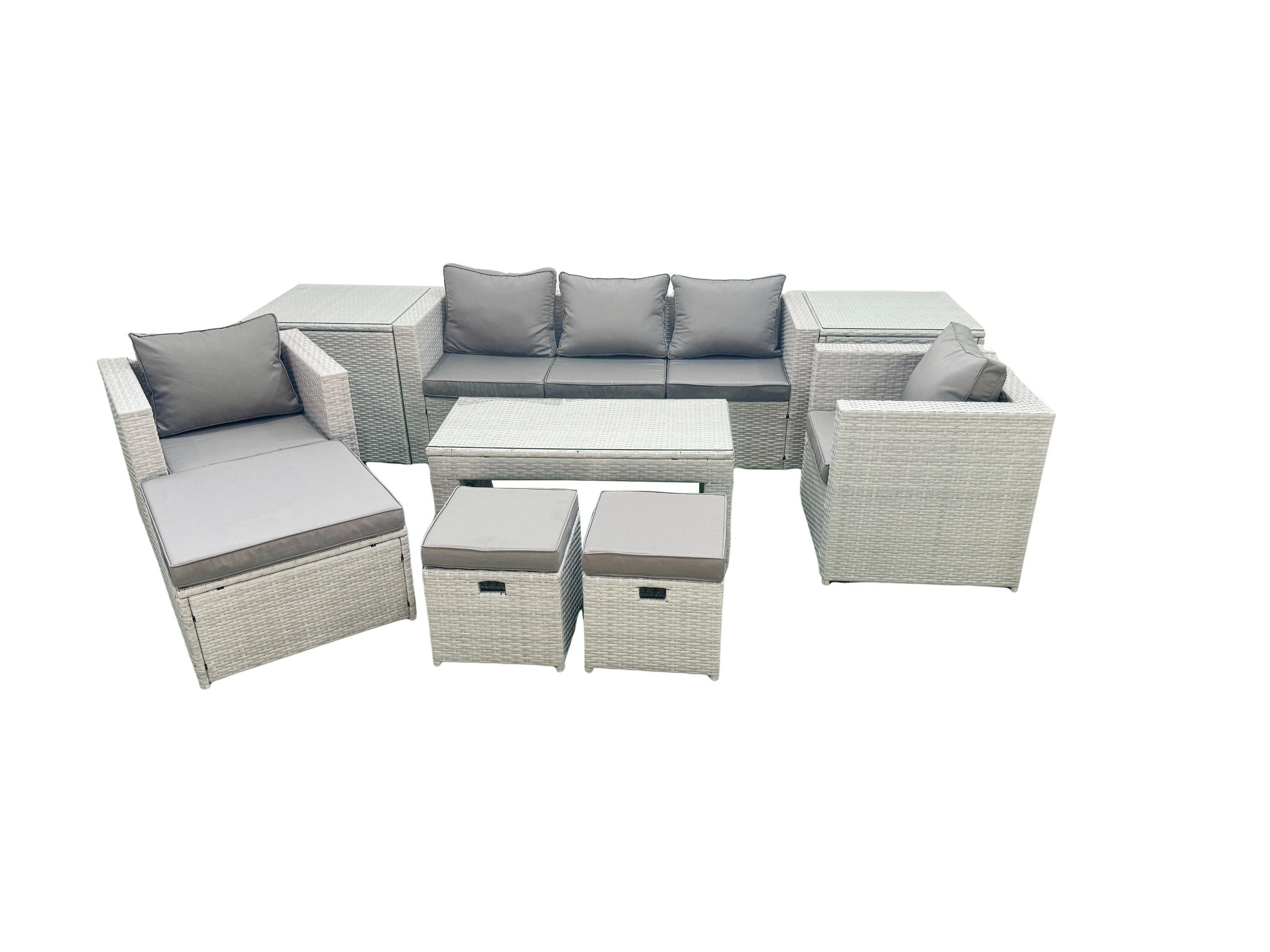 GARTENSET mit 3-SITZER SOFA,COUCHTISCH Polyrattan Hellgrau-Mix 8-Sitzer - Hellgrau/Grau, Glas/Kunststoff - Fimous