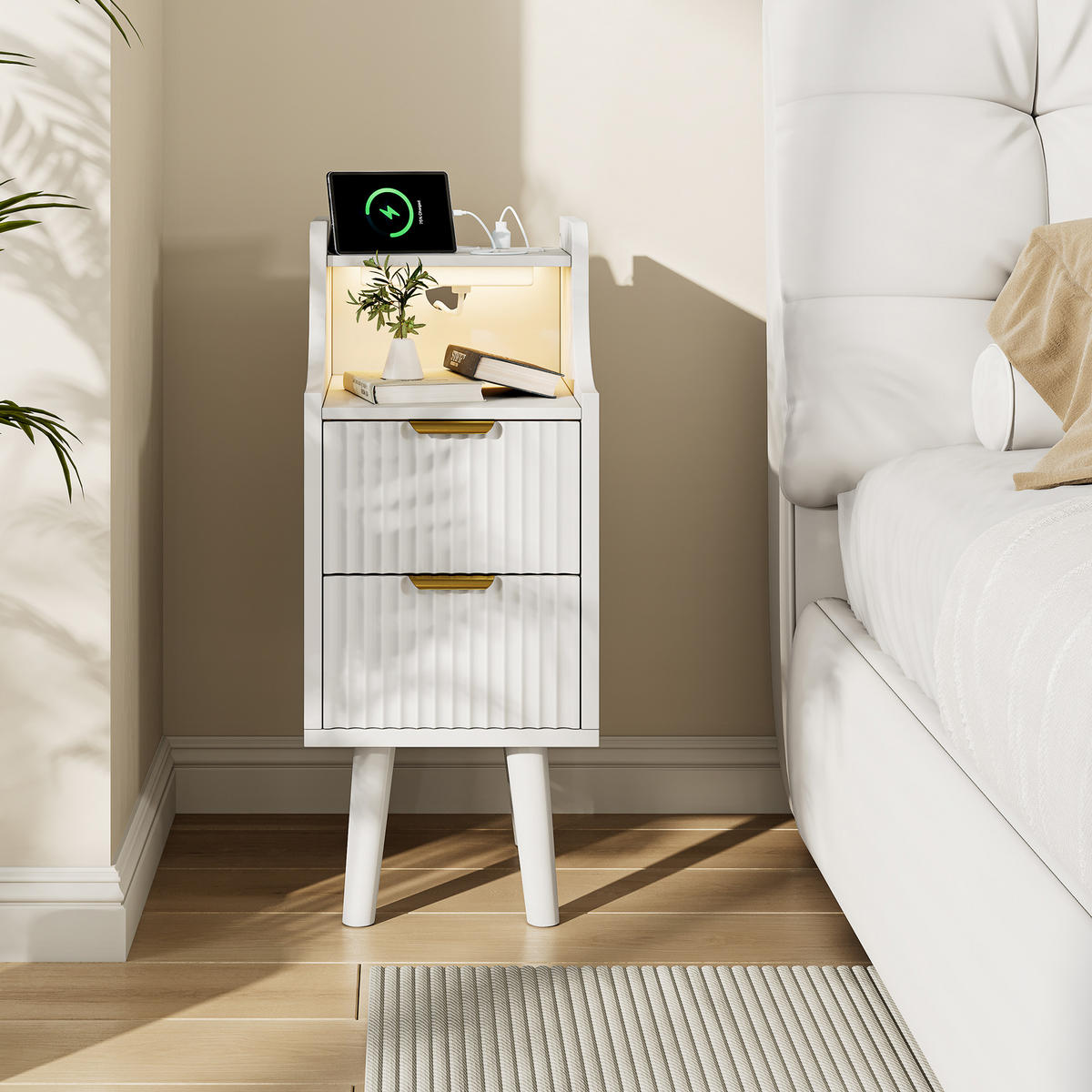 NACHTTISCH 2er-Set mit LED, Steckdose & USB, 2 Schubladen, Weiß, MDF - Weiß, Holz (25/76/30cm)