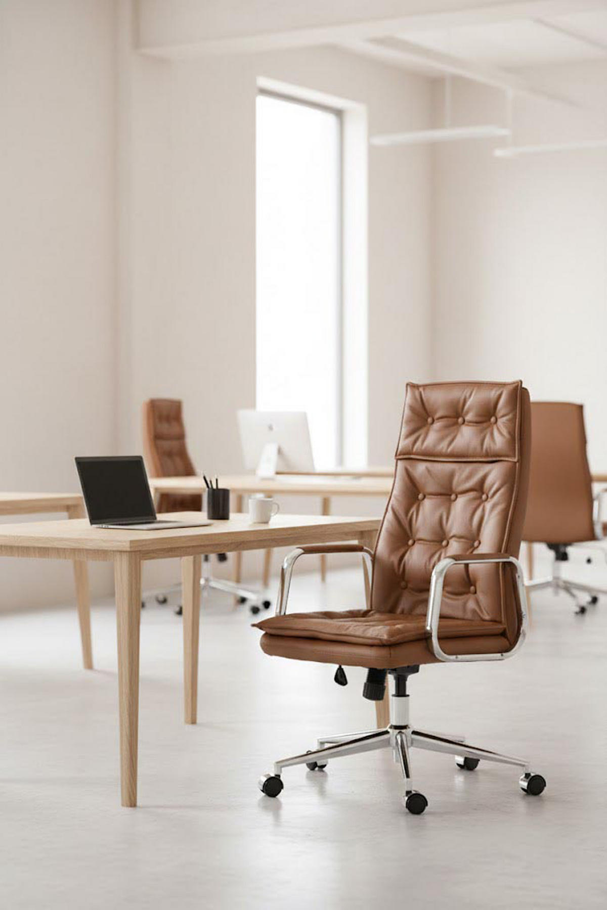 BÜROSTUHL Ronix Echtleder hellbraun - Hellbraun/Chromfarben, Leder/Metall (60/120/65cm) - TPFLiving