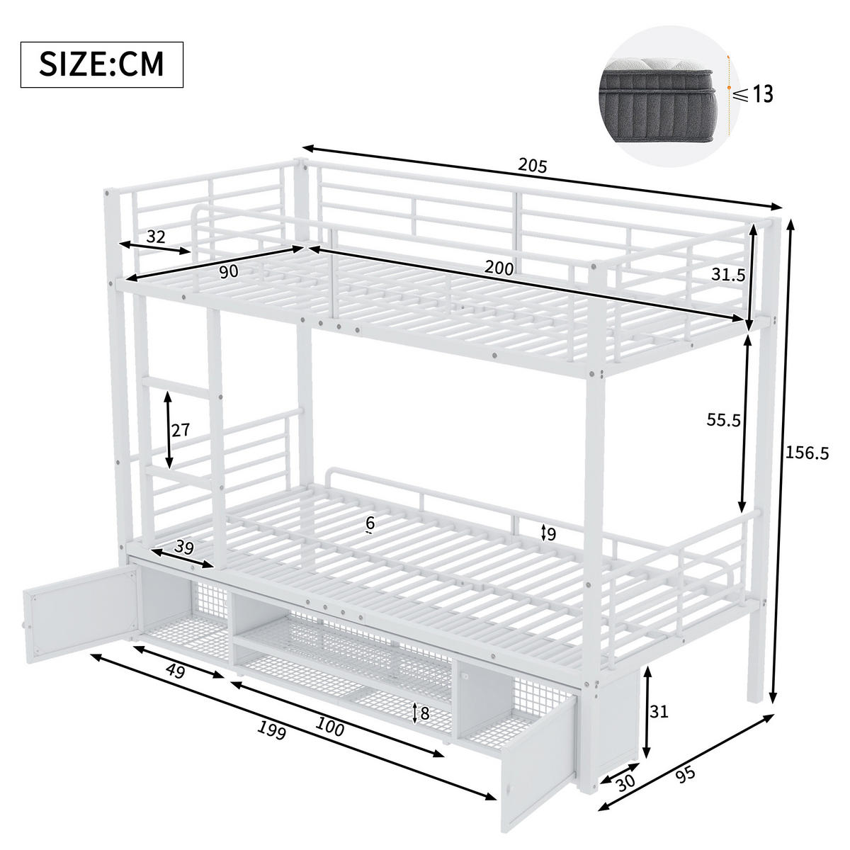 ETAGENBETT 90/200 cm Weiß Metall mit Schuhschrank und seitlicher Leiter - Weiß, Metall (90/200cm) - OKWISH