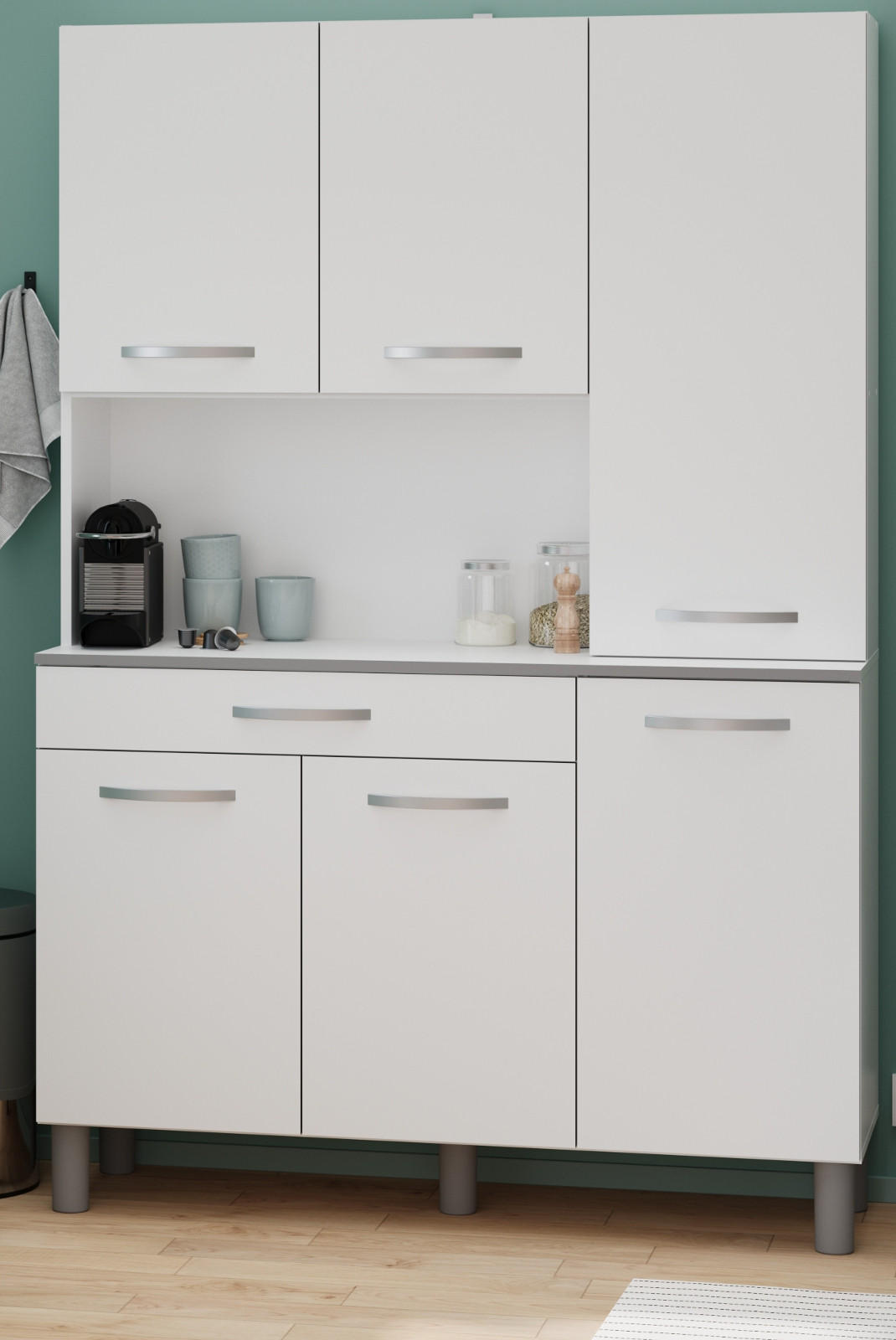 BUFFET Küche weiß 120 cm Küchenschrank mit viel Stauraum - Weiß/Grau, Holzwerkstoff (120/181/44cm) - Parisot Meuble