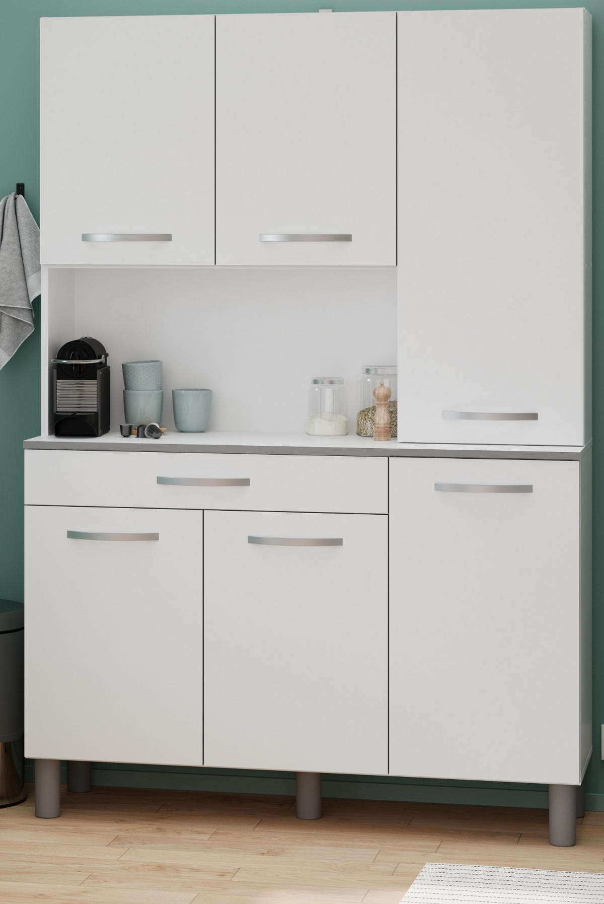 MINIKÜCHE Set 2-tlg. weiß, grau mit Buffet und Mehrzweckschrank - Multicolor, Holzwerkstoff (180/181/44cm) - Parisot Meuble