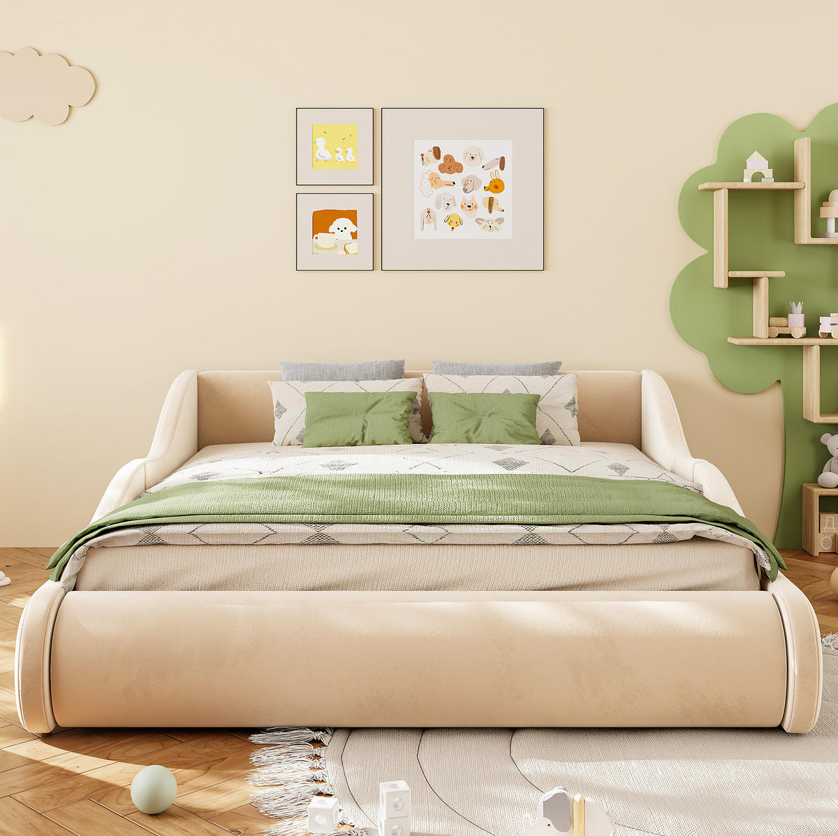 KINDERBETT mit Polsterung aus Samt 140x200 cm Beige mit hohem Kopfteil und Seitenschutzgittern - Beige, Textil (140/200cm) - Modfu