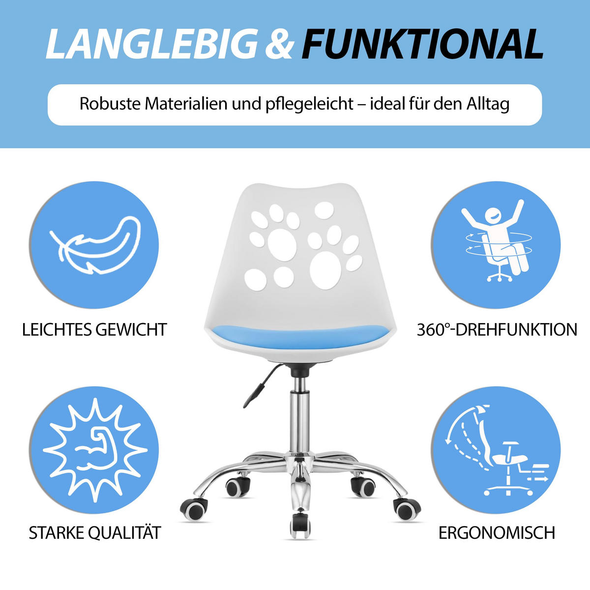 BÜRODREHSTUHL Weiß/Blau, Höhenverstellbar, Rollen, Ohne Armlehnen, Ergonomisch Für Büro Und Schlafzimmer - Weiß, Textil (51/94/58cm) - Best For Home