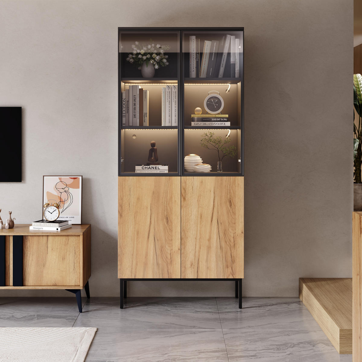VITRINE LED Glasvitrine 180cm Bücherregal Schwarz Eiche - Multicolor, Holzwerkstoff (74/180/31cm) - FLIEKS