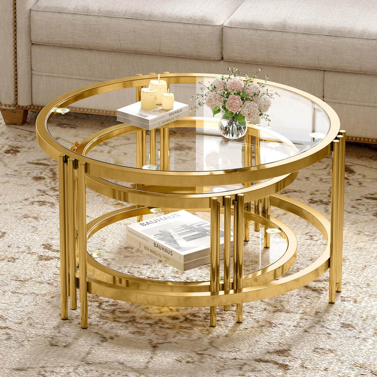 COUCHTISCH Wohnzimmertisch für couch Sofatisch mit abnehmbarer Tischplatte und Rutschfeste Saugnäpfe, bis 400 °C - Goldfarben, Glas/Metall (80/80/45cm) - STILVORA